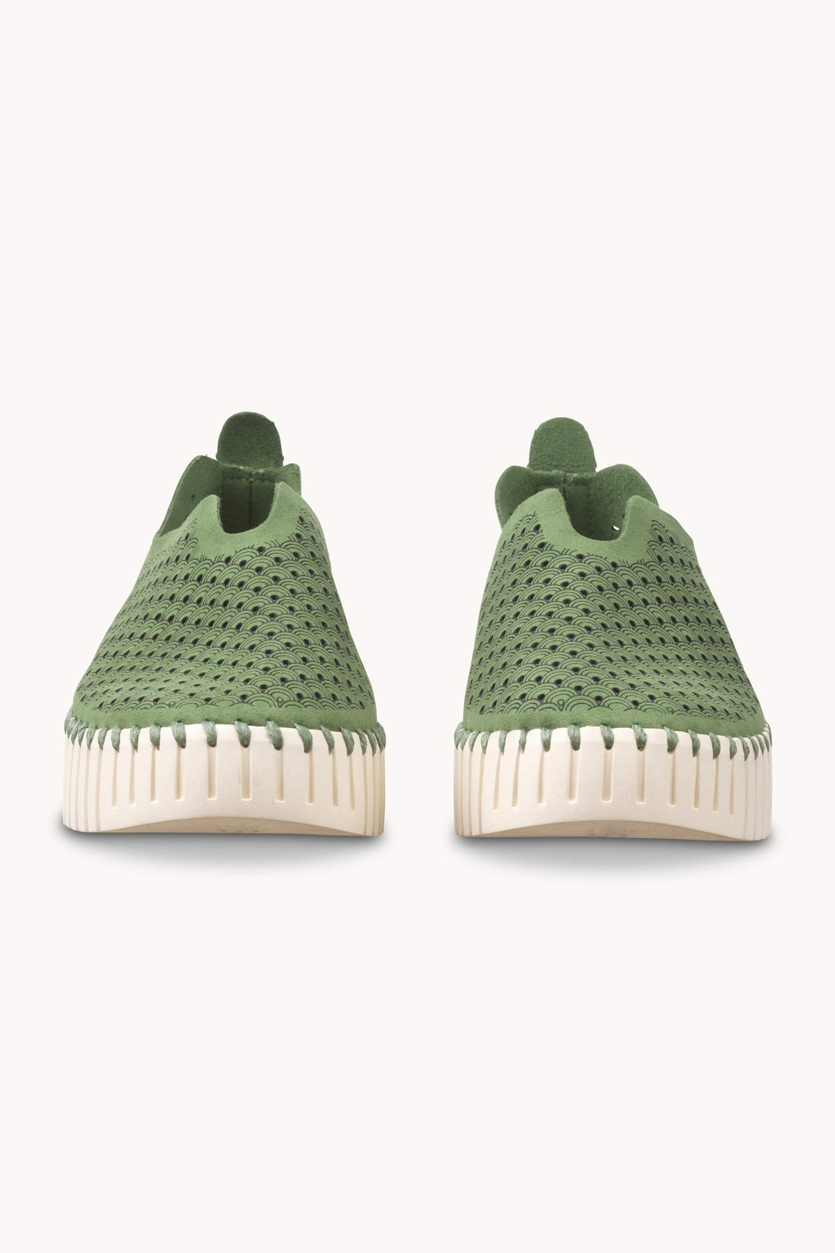 Laser-cut Slip-on Shoes on Platform Sole - Artichoke Green Pearled Ivory