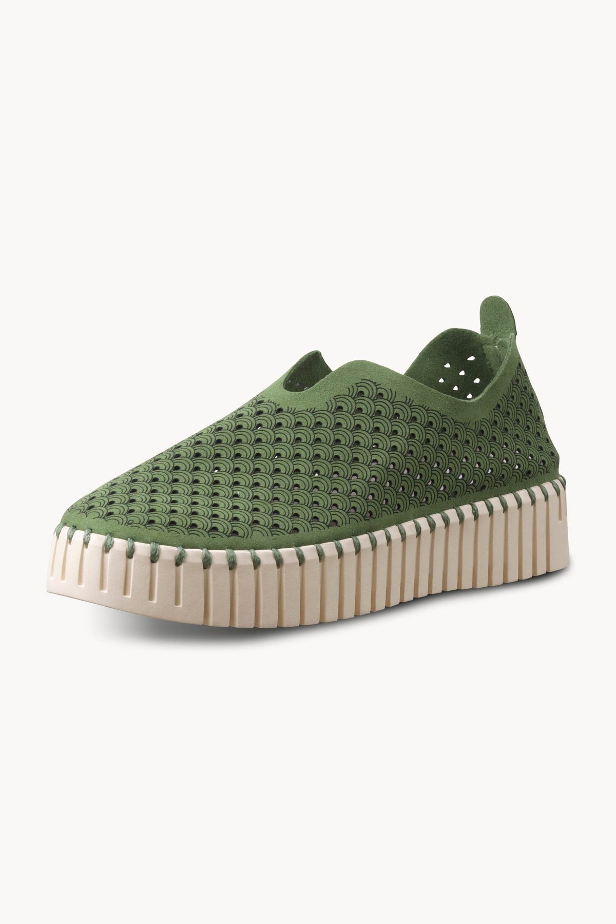 Laser-cut Slip-on Shoes on Platform Sole - Artichoke Green Pearled Ivory
