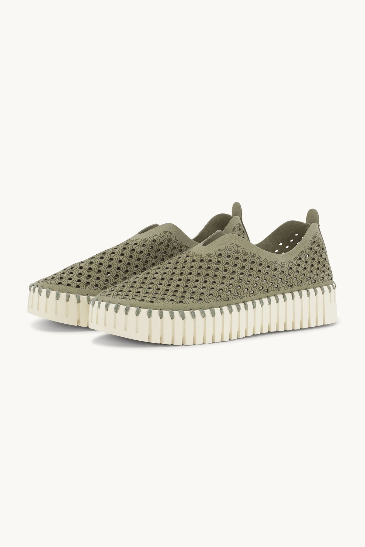 Laser-cut Slip-on Shoes on Platform Sole - Army