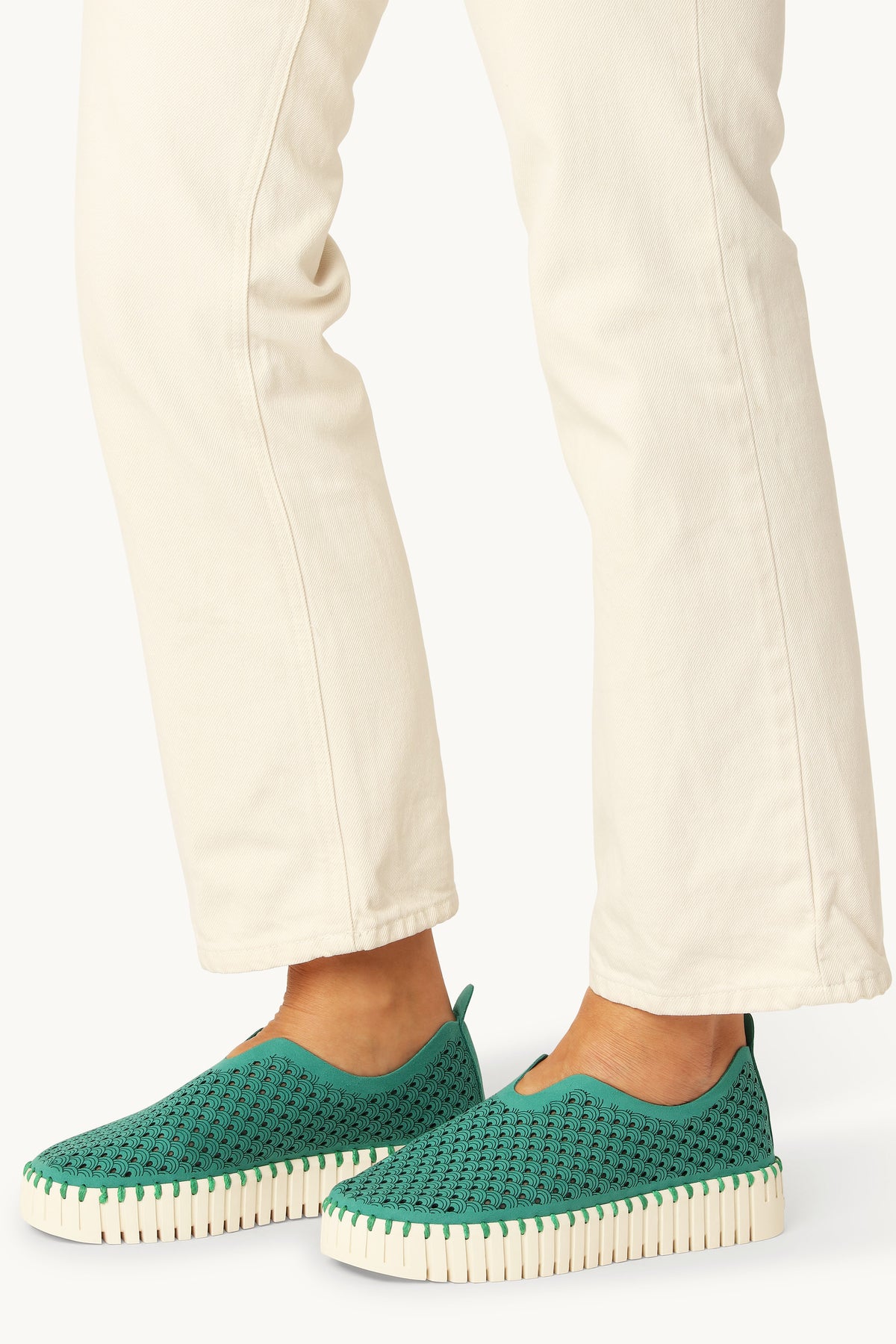 Laser-cut Slip-on Shoes on Platform Sole - Spruce Pearled Ivory