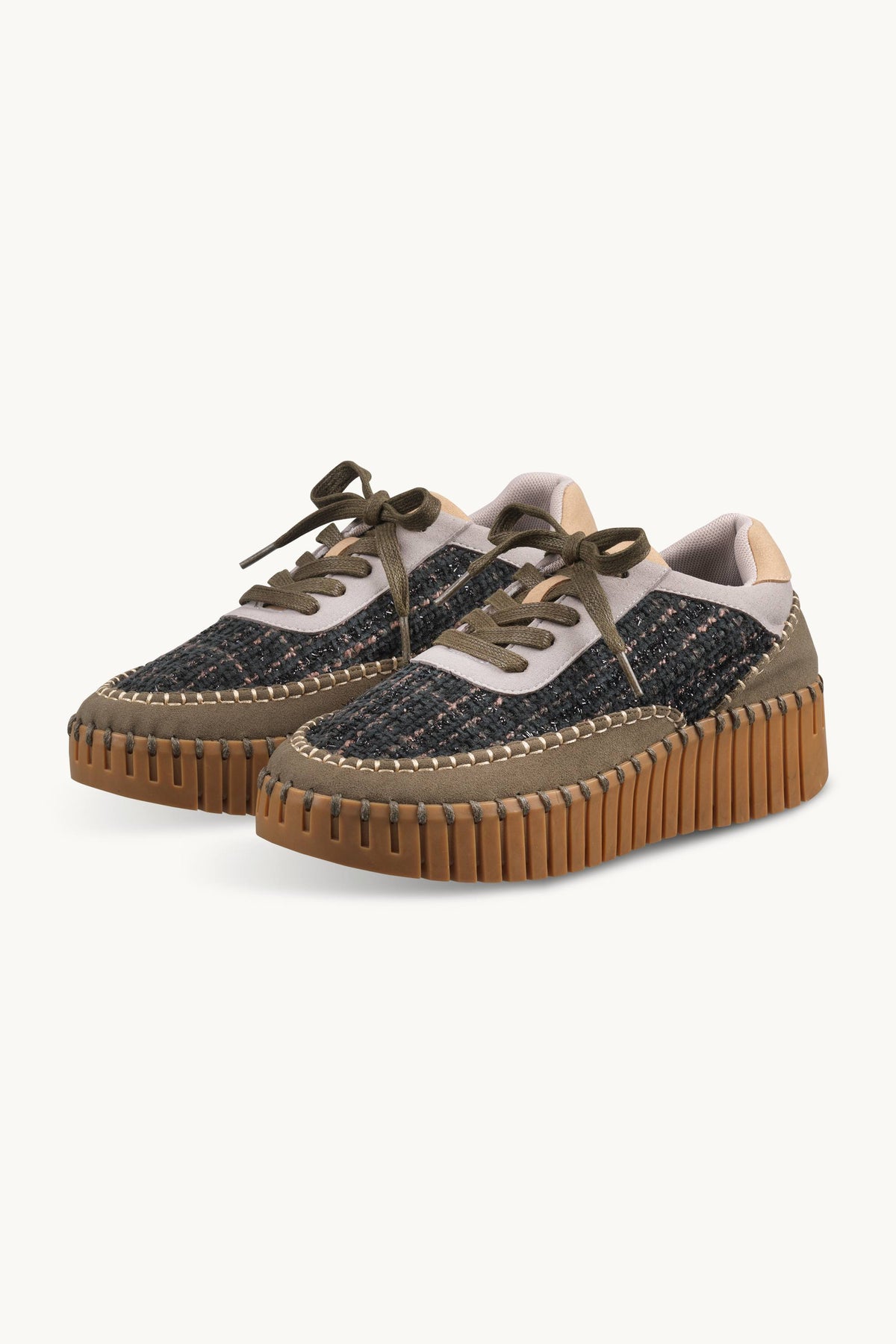 Bouclé Sneakers With Heavy Stitching on Wedge Sole - Deep Olive Mocca