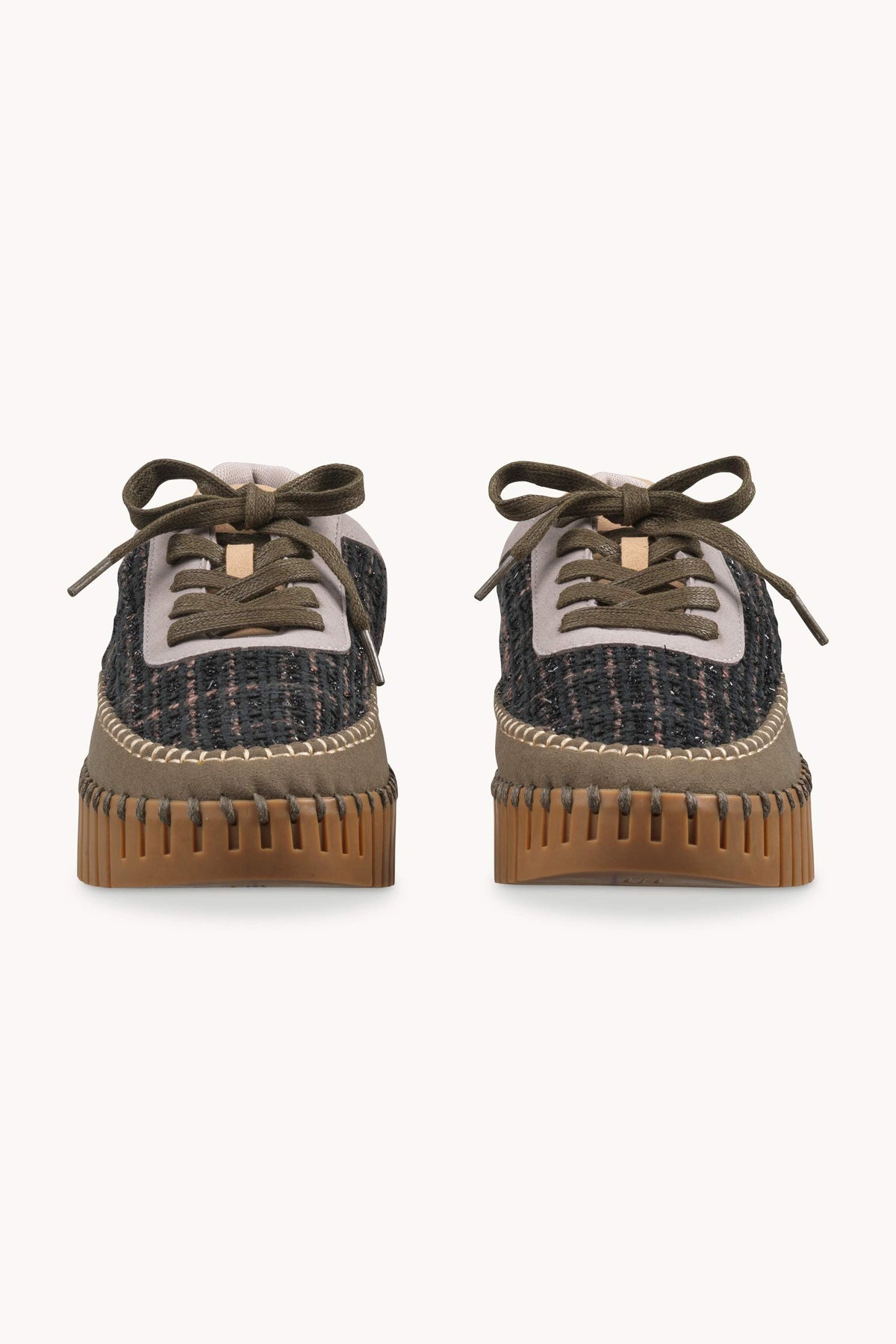 Bouclé Sneakers With Heavy Stitching on Wedge Sole - Deep Olive Mocca