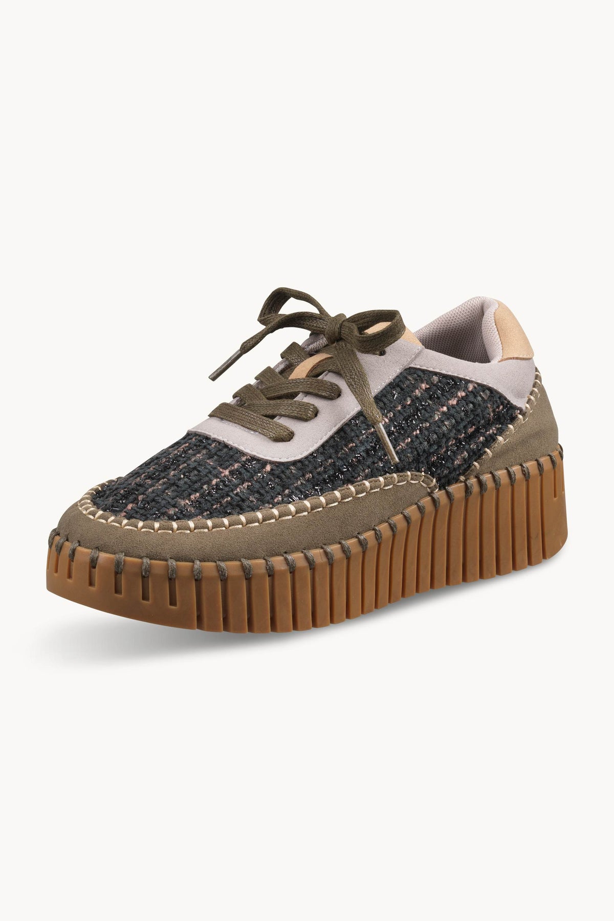 Bouclé Sneakers With Heavy Stitching on Wedge Sole - Deep Olive Mocca