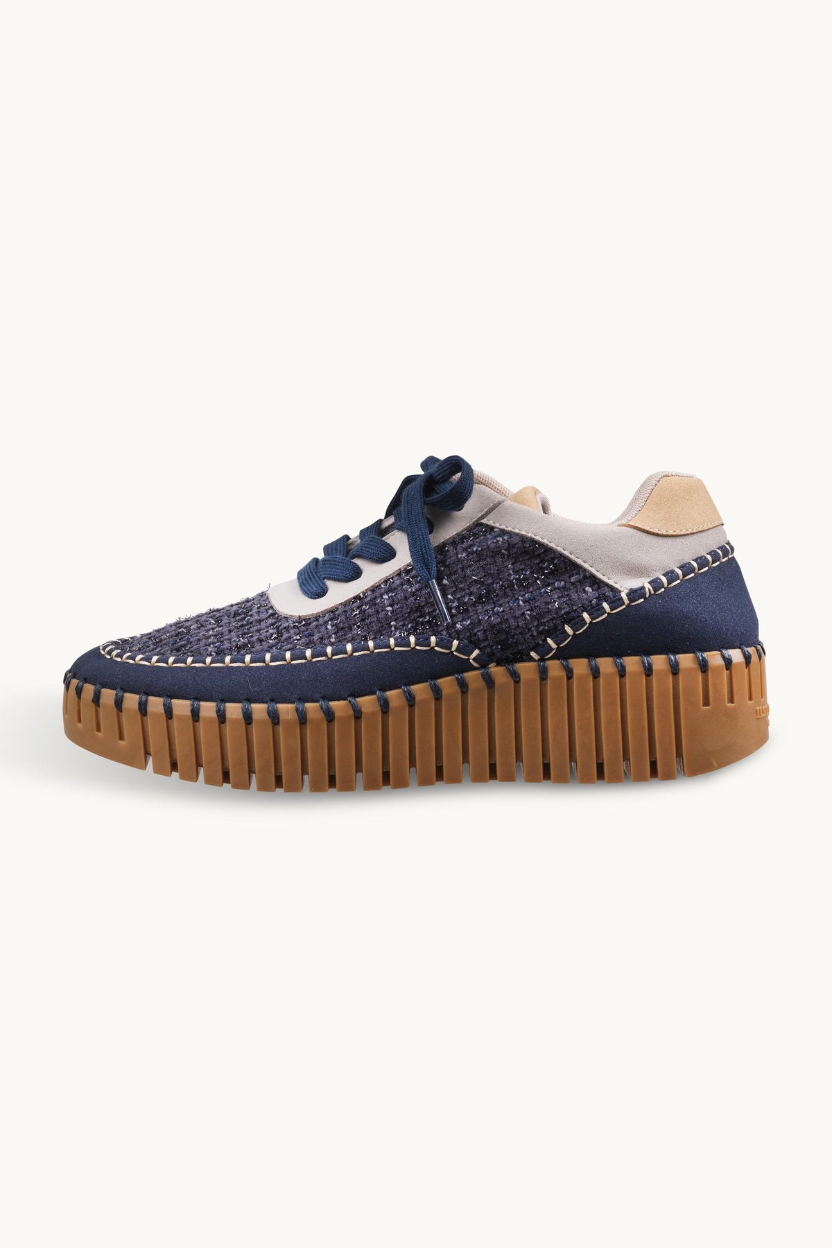 Bouclé Sneakers With Heavy Stitching on Wedge Sole - Dark Indigo Mocca