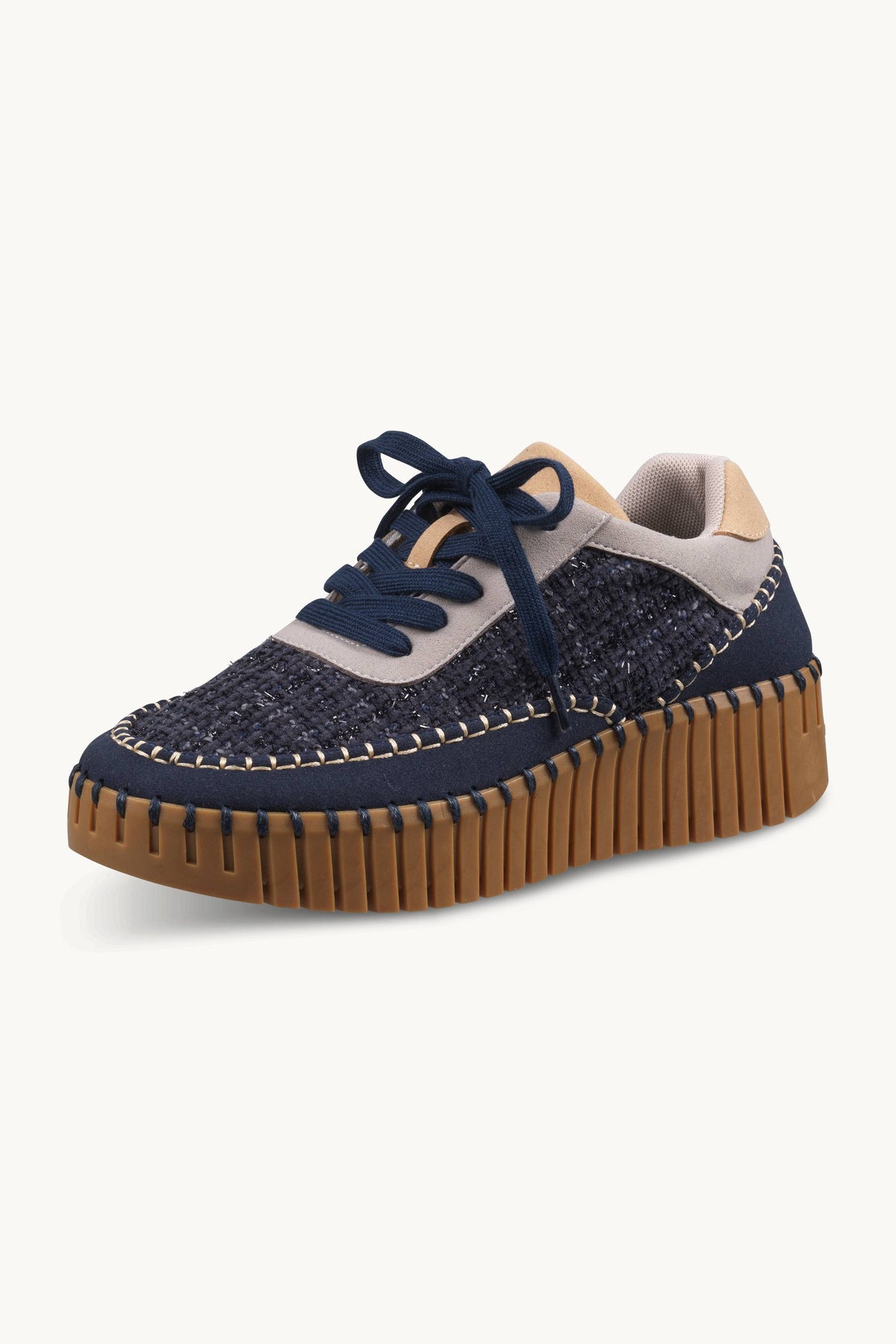 Bouclé Sneakers With Heavy Stitching on Wedge Sole - Dark Indigo Mocca