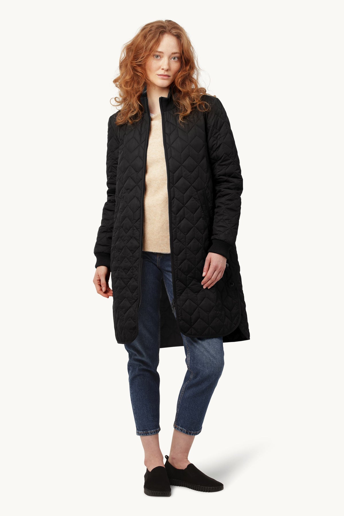 Long A-Lined Quilted Jacket - Black