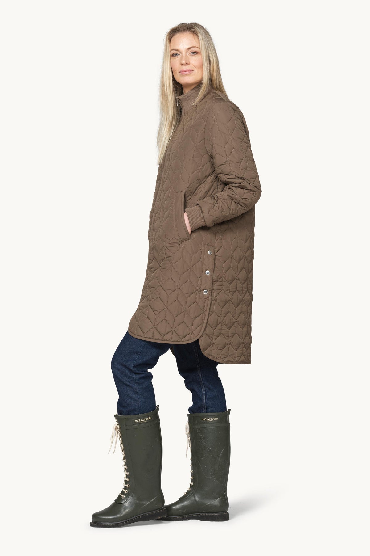 Long A-Lined Quilted Jacket - Mud
