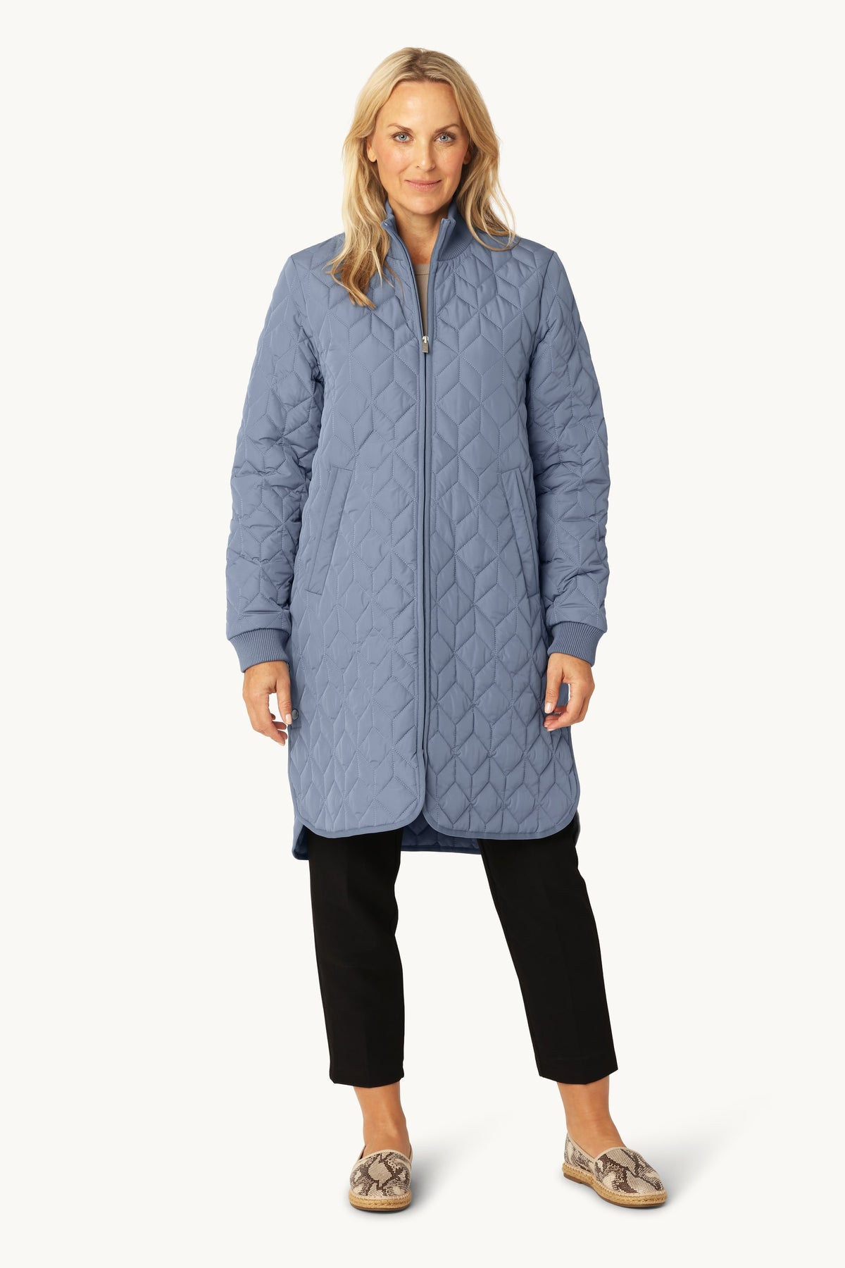 Long A-Lined Quilted Jacket - Grey Blue