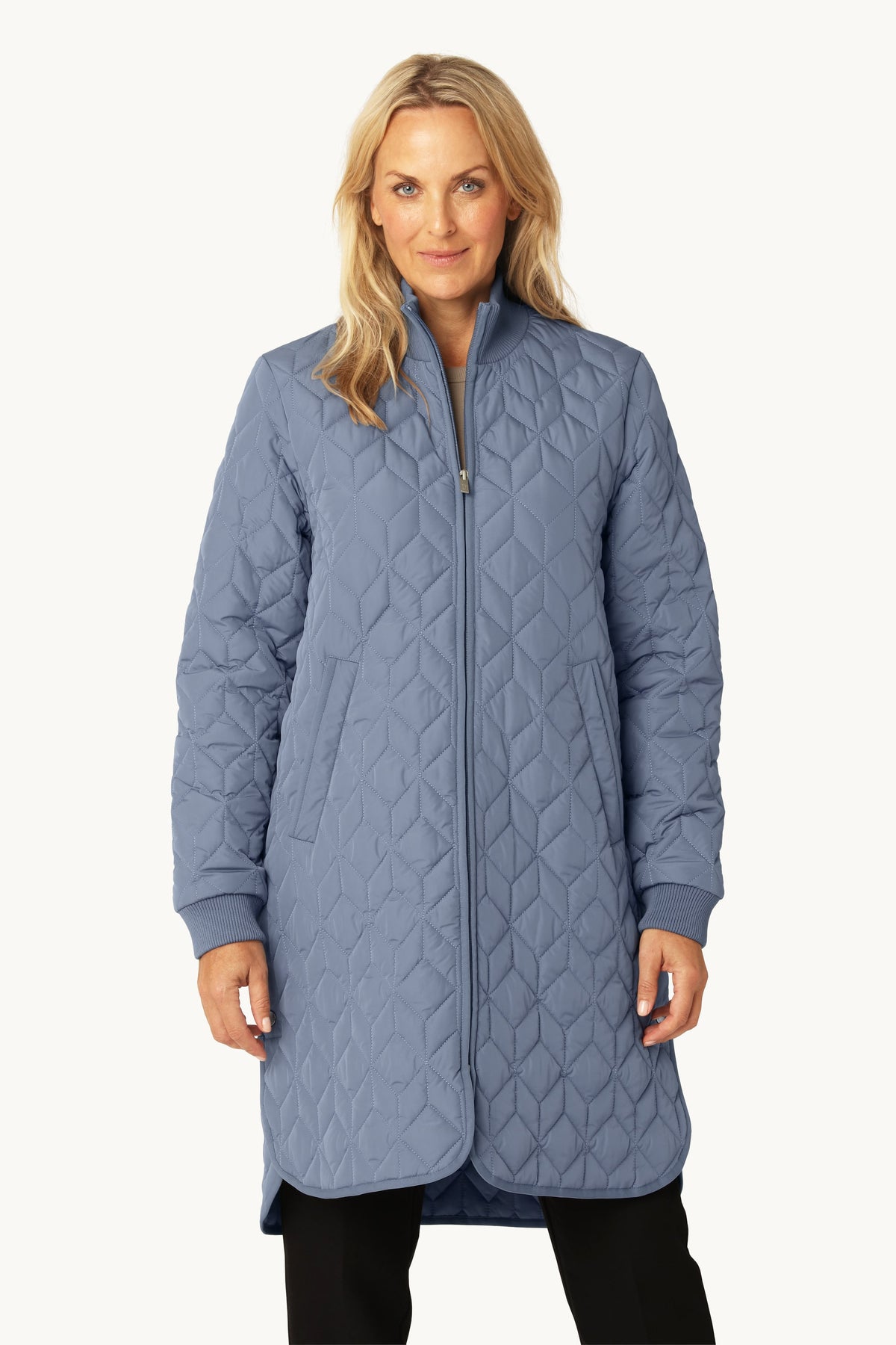 Long A-Lined Quilted Jacket - Grey Blue