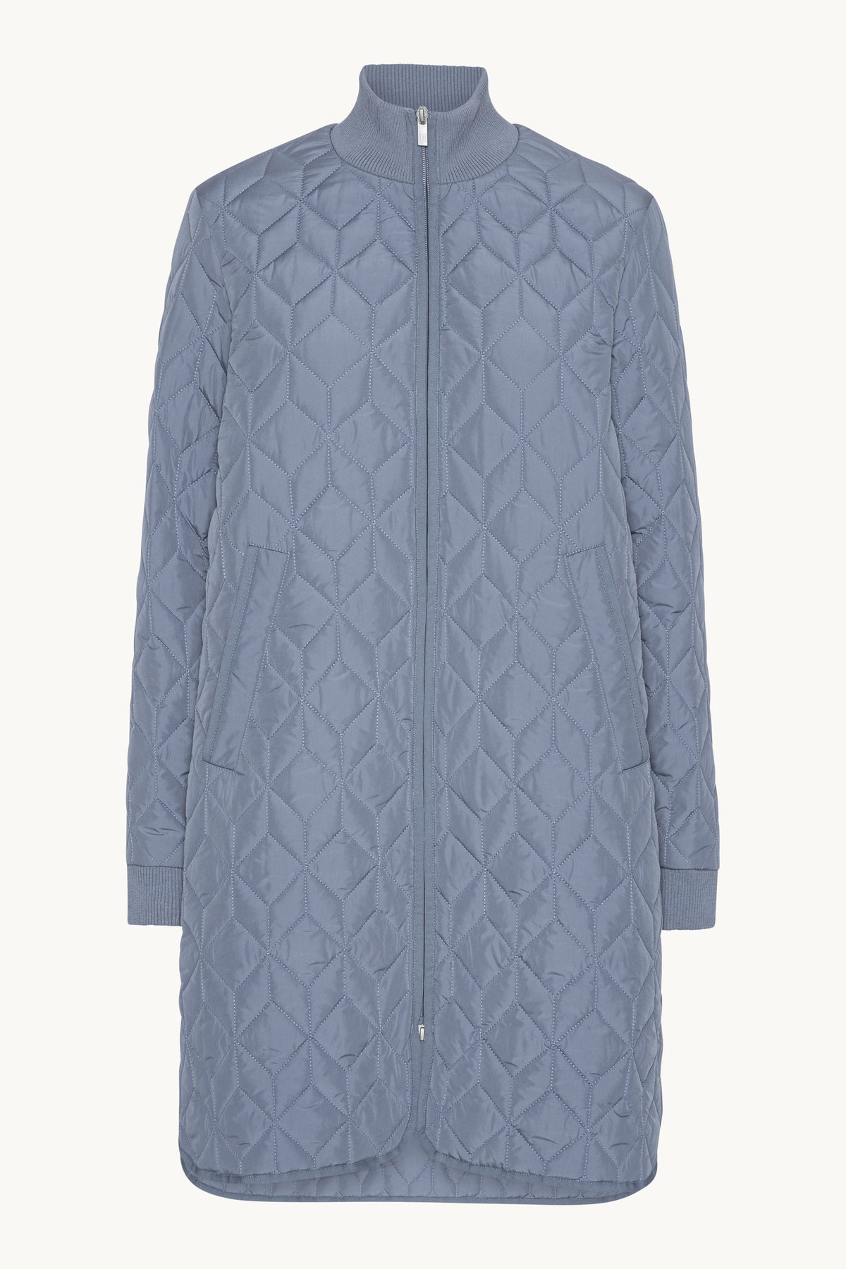 Long A-Lined Quilted Jacket - Grey Blue