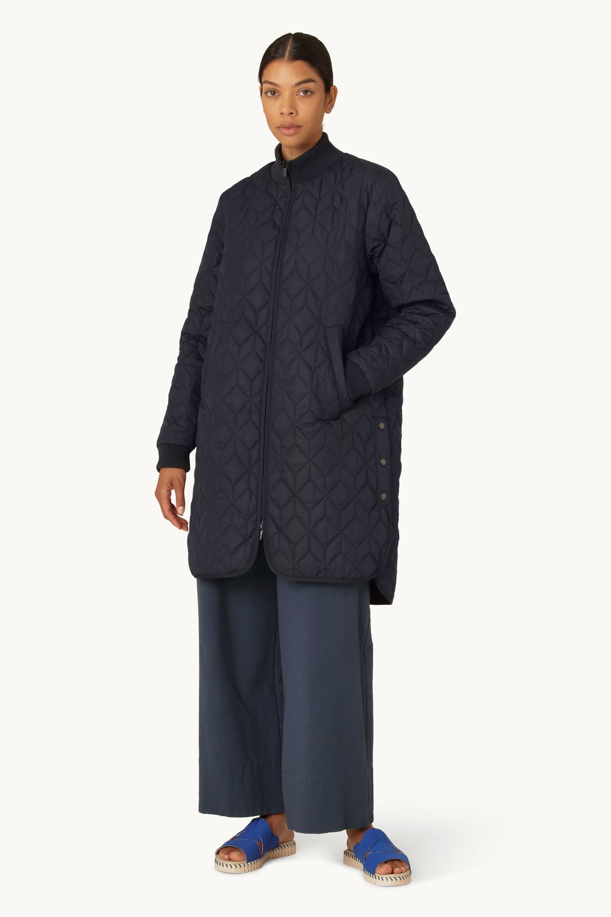 Long A-Lined Quilted Jacket - Dark Indigo