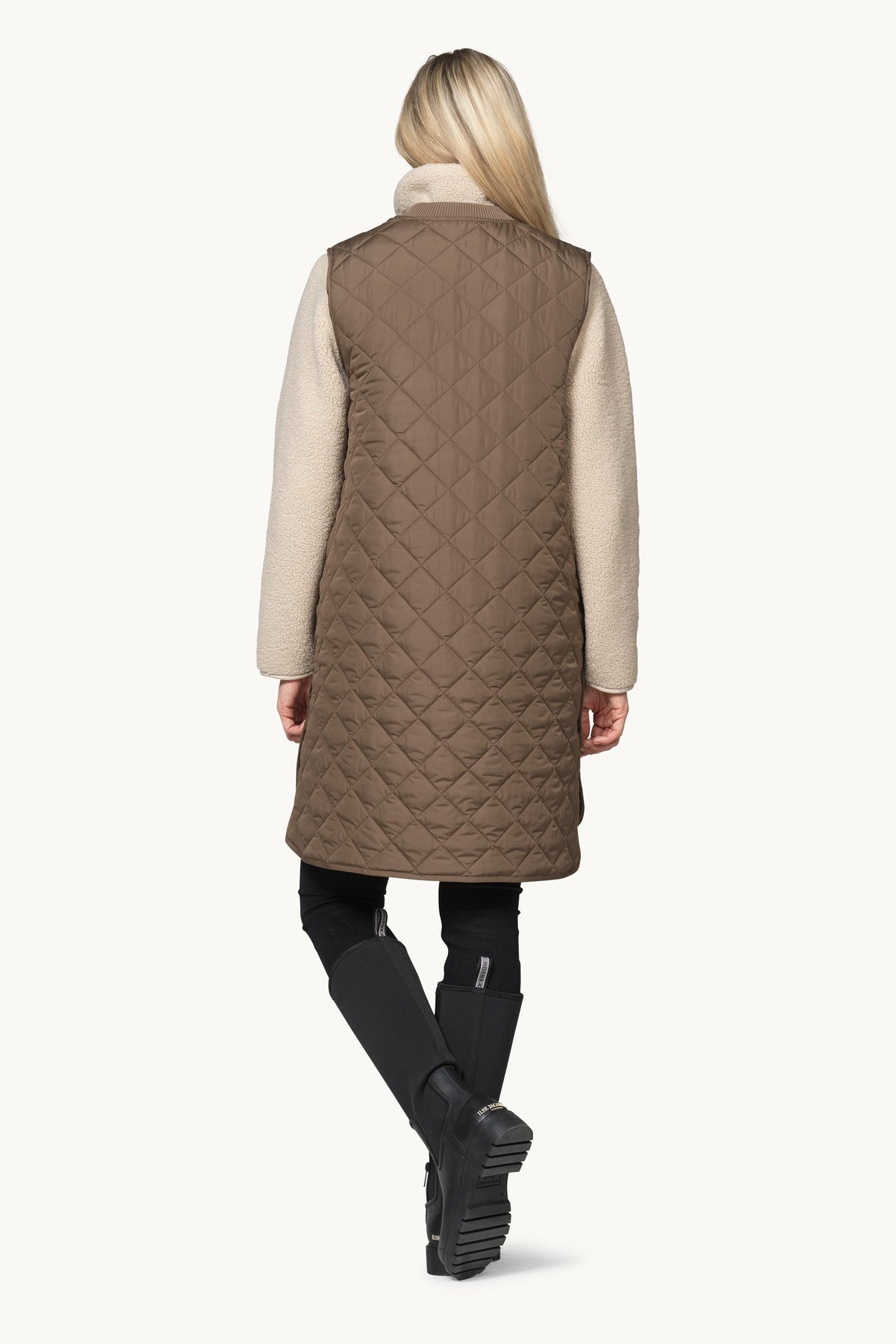 Long A-Lined Quilted Vest with Side Slit - Mud