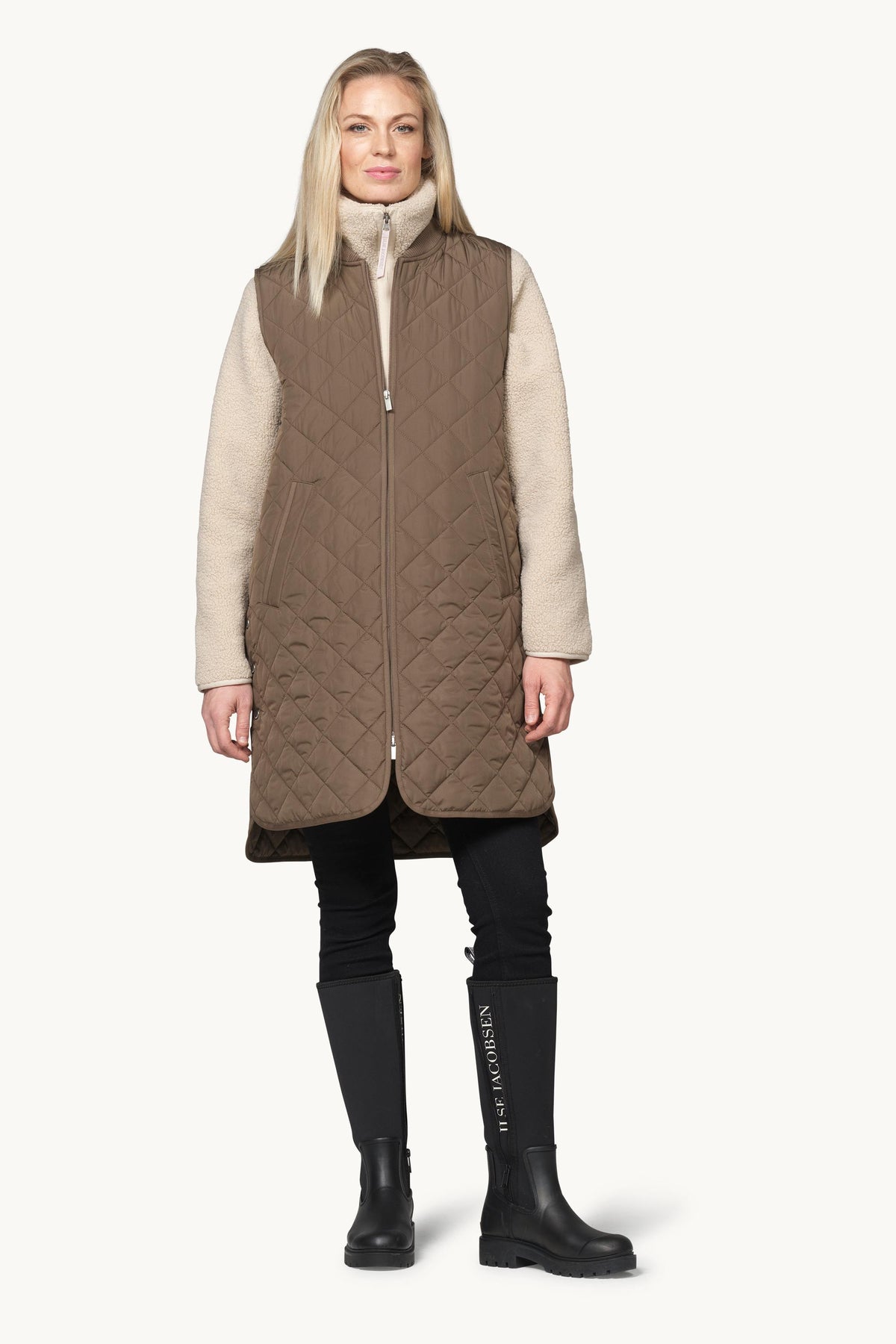 Long A-Lined Quilted Vest with Side Slit - Mud