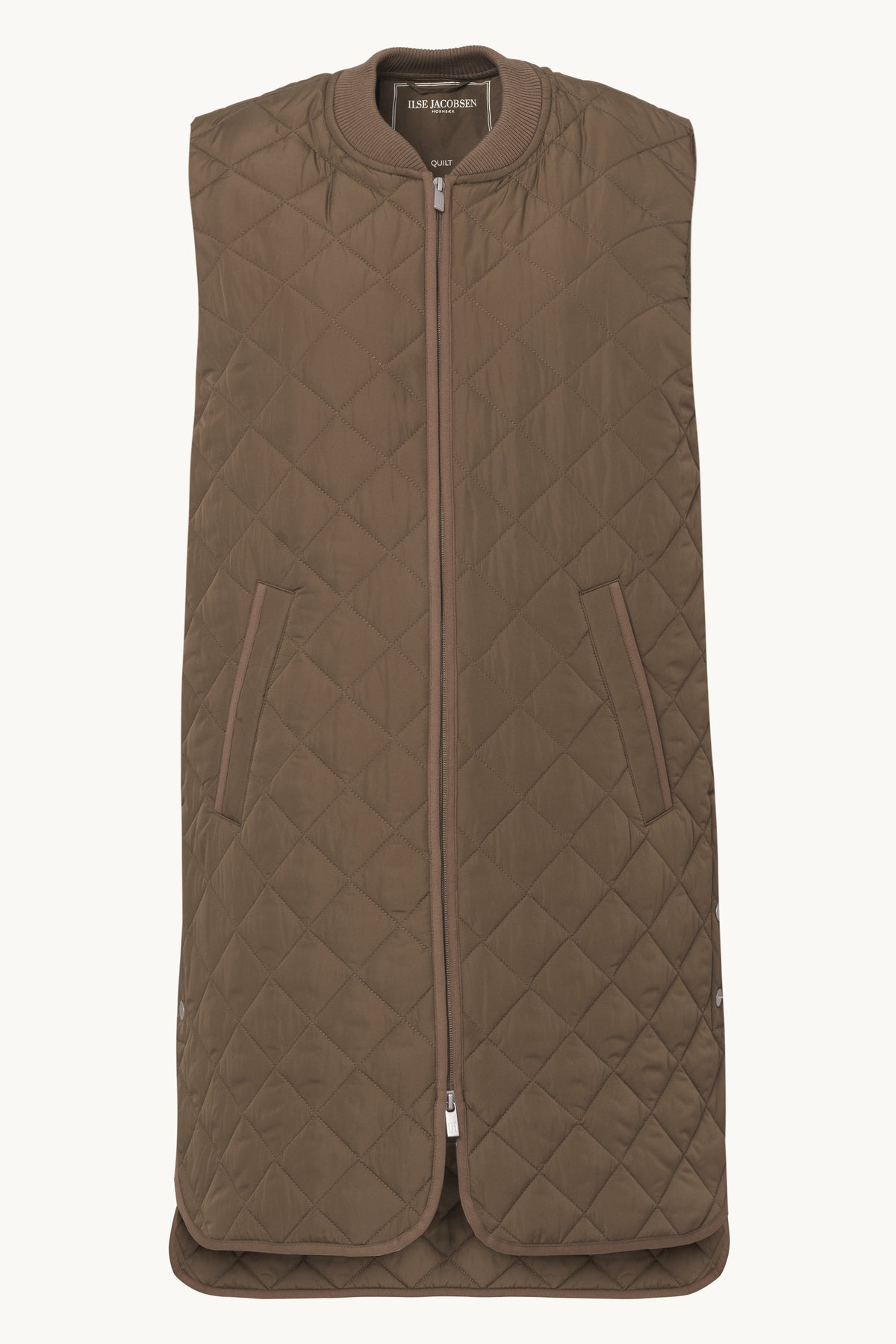 Long A-Lined Quilted Vest with Side Slit - Mud