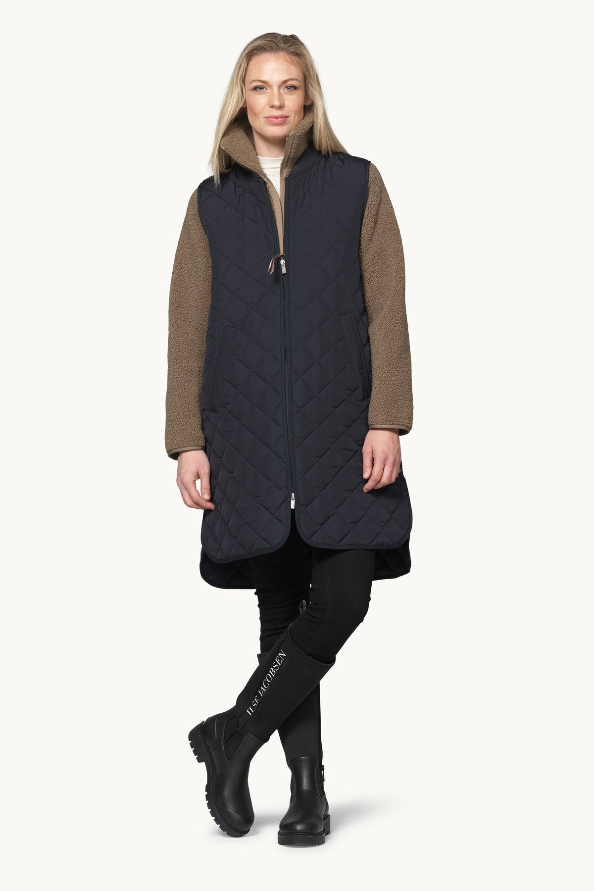 Long A-Lined Quilted Vest with Side Slit - Dark Indigo