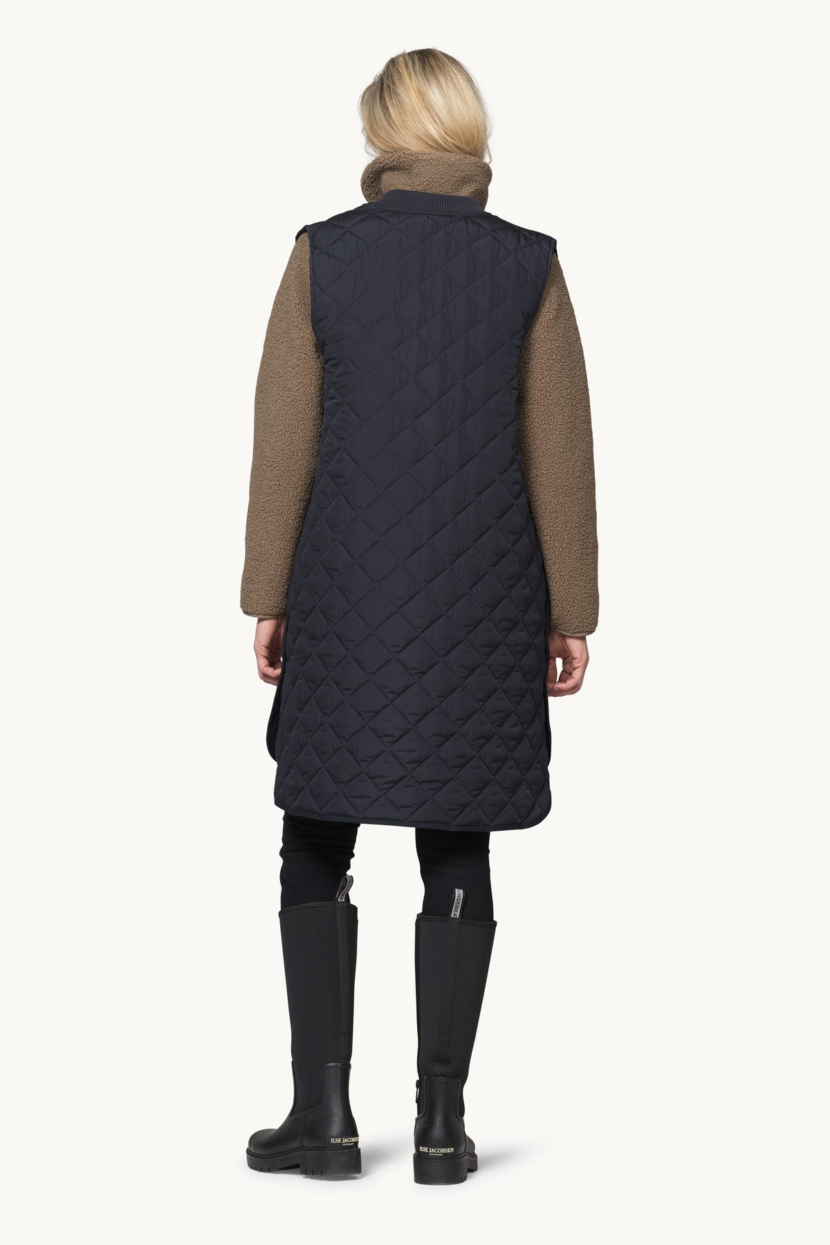 Long A-Lined Quilted Vest with Side Slit - Dark Indigo