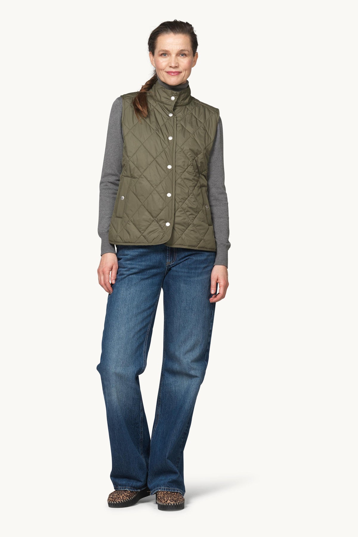 Short Quilted Vest with Press Buttons - Army