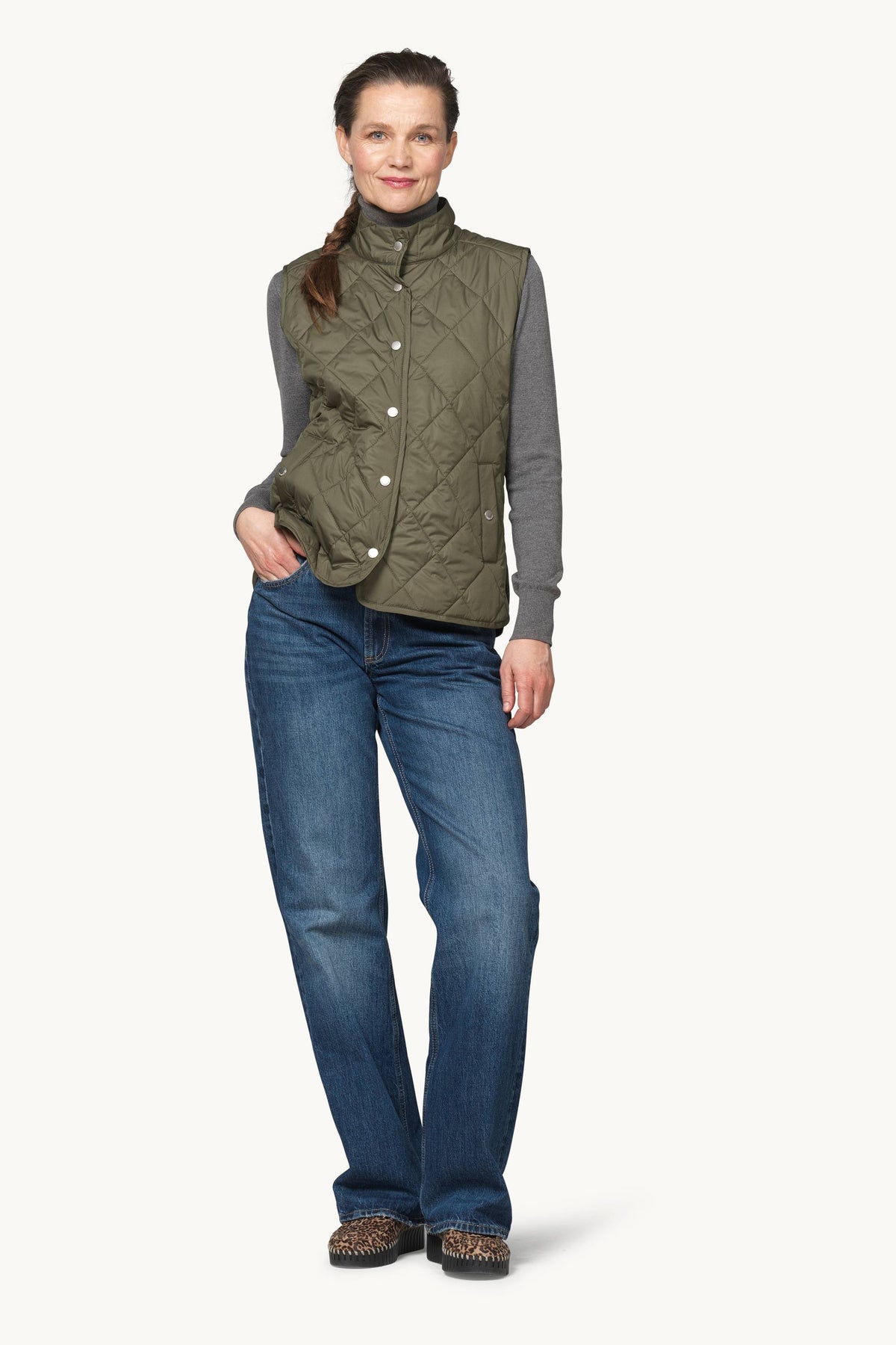 Short Quilted Vest with Press Buttons - Army