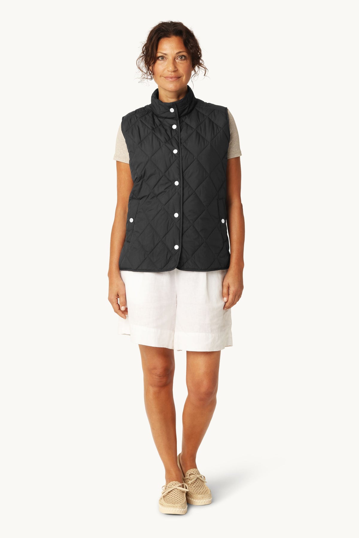 Short Quilted Vest with Press Buttons - Dark Indigo