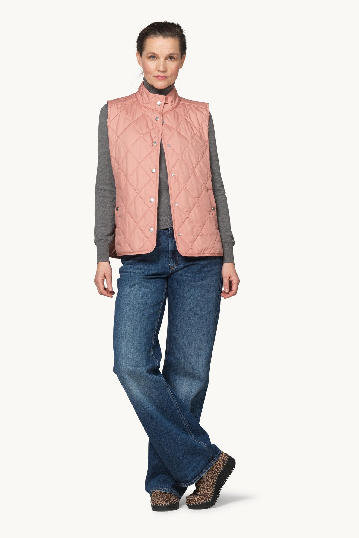 Short Quilted Vest with Press Buttons - Ash Rose