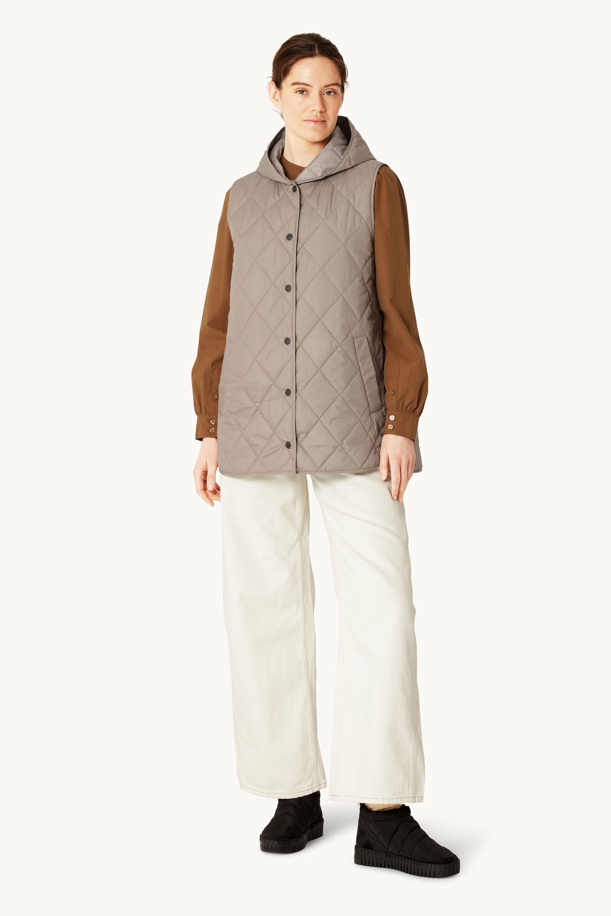 Quilted Long Vest - Greige