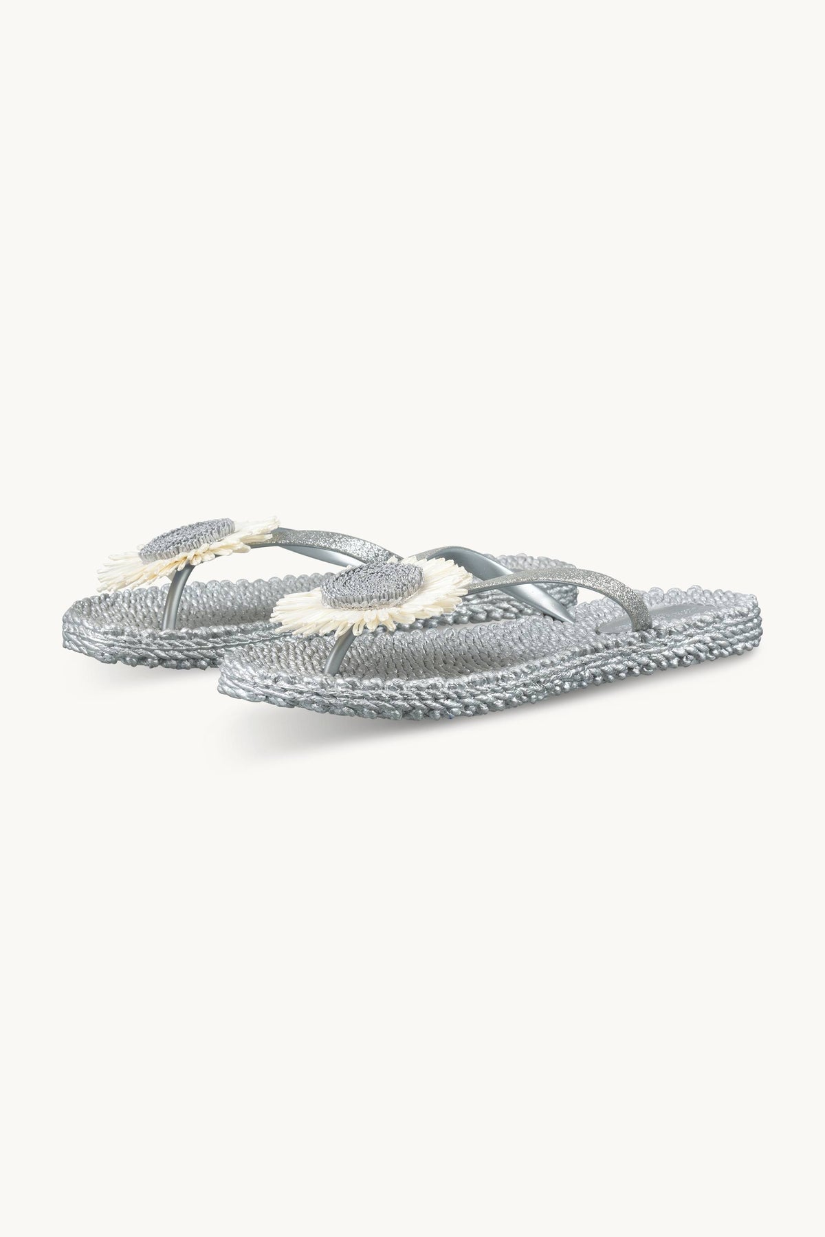 Flip-flops with Flower-embellished Straps - Silver