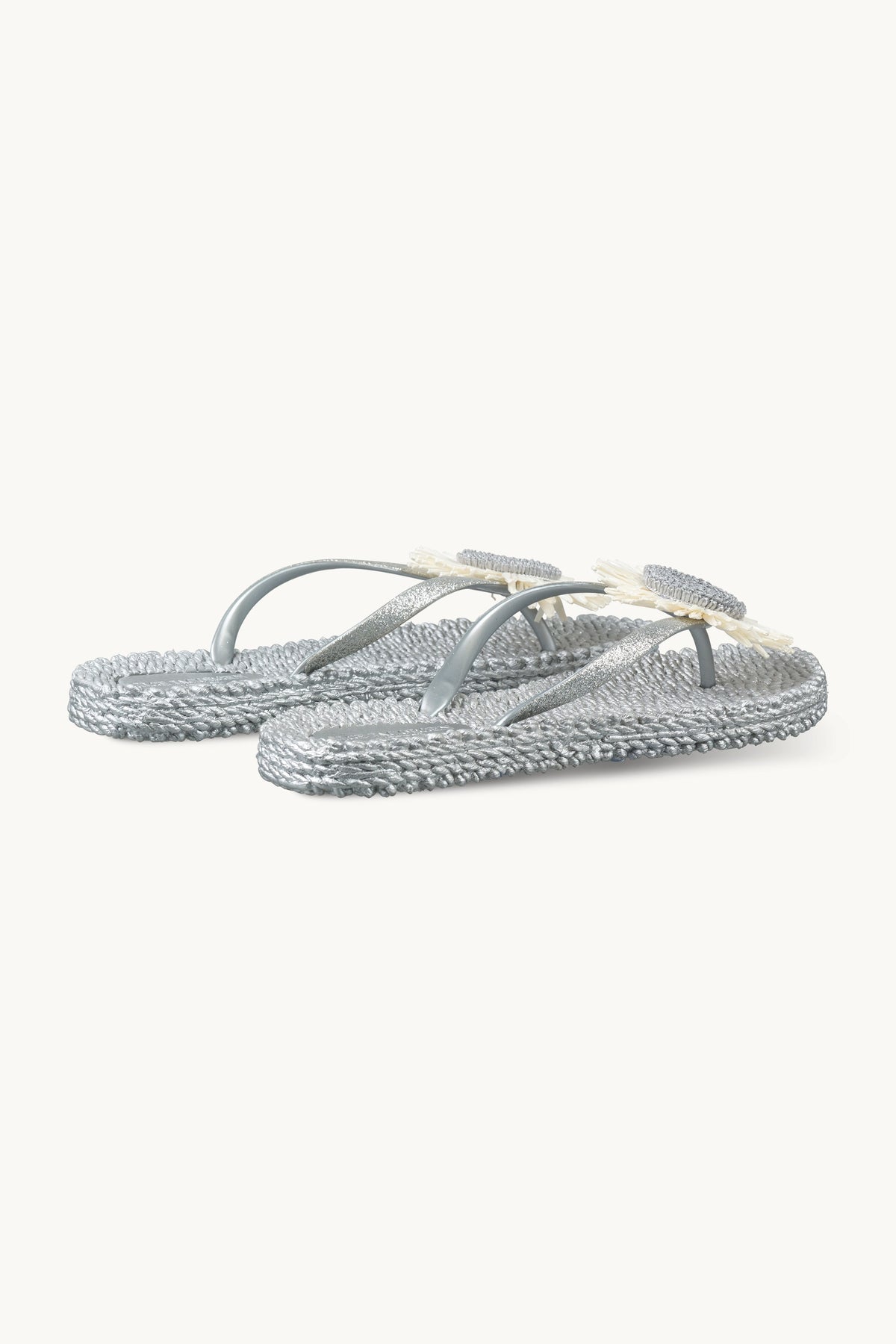 Flip-flops with Flower-embellished Straps - Silver