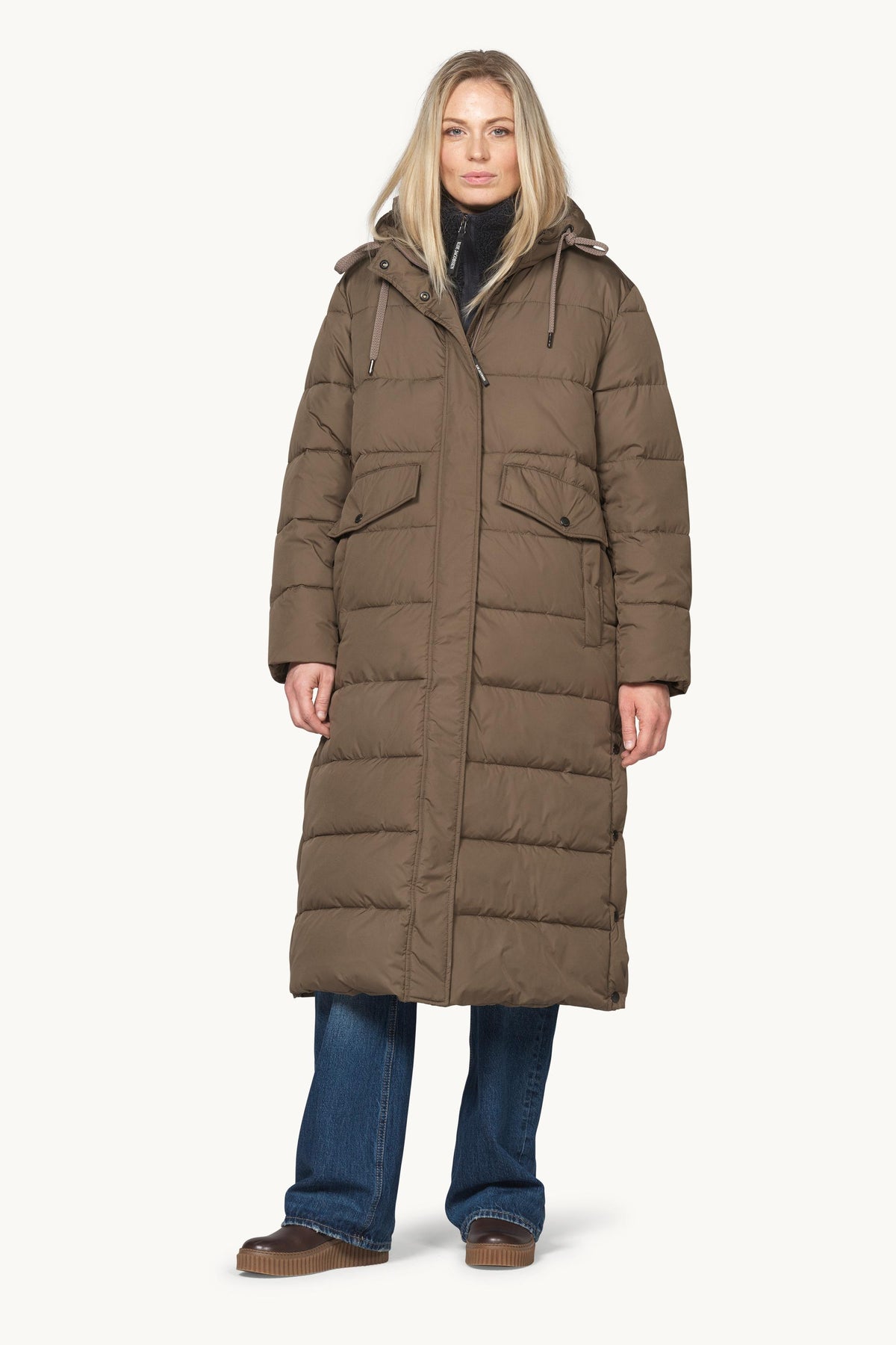 Long Warm Padded Coat with Hood - Mud