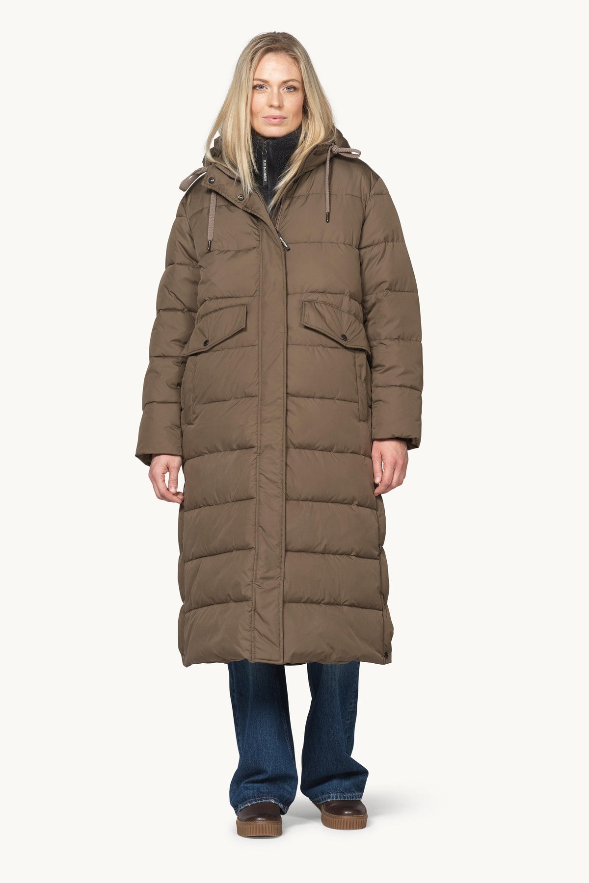 Long Warm Padded Coat with Hood - Mud