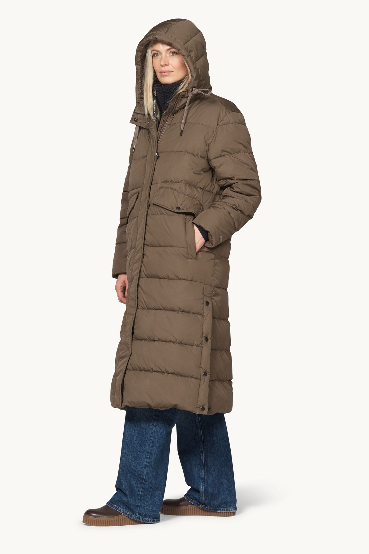 Long Warm Padded Coat with Hood - Mud