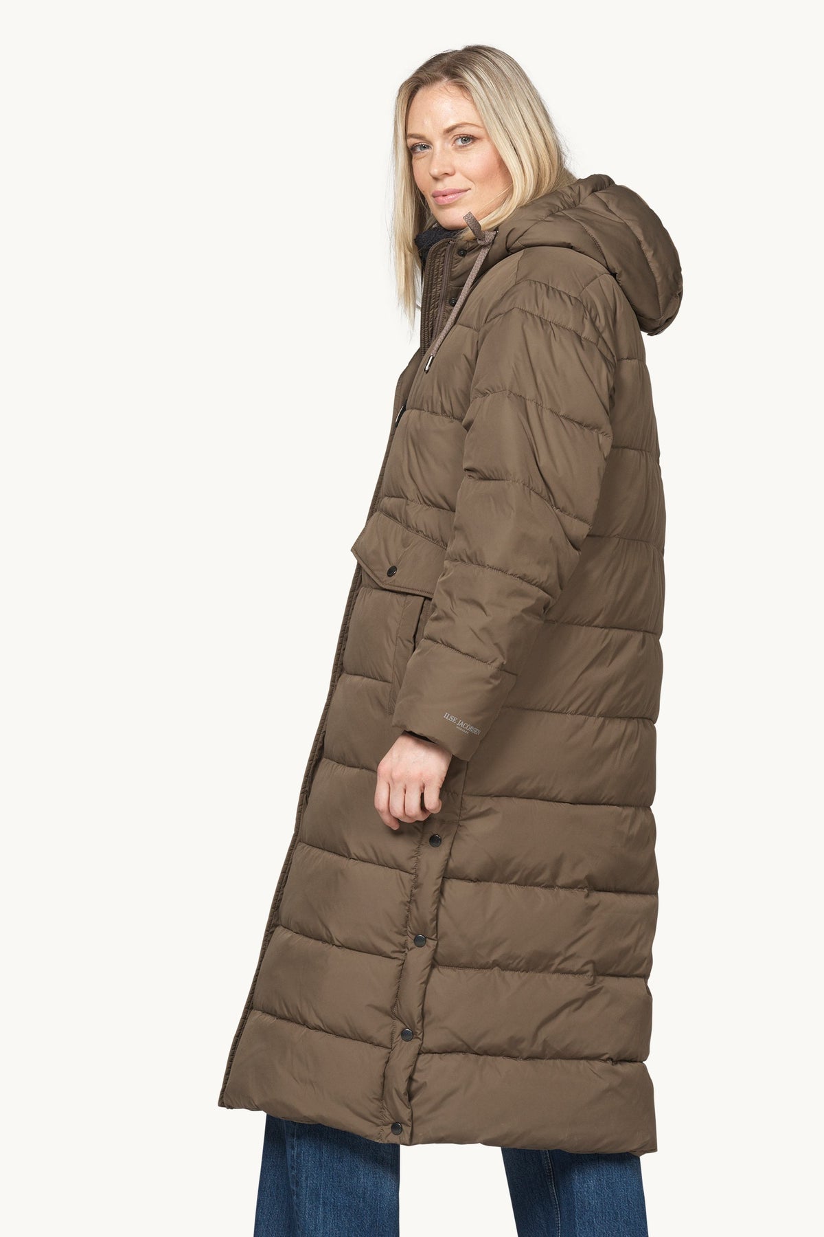 Long Warm Padded Coat with Hood - Mud