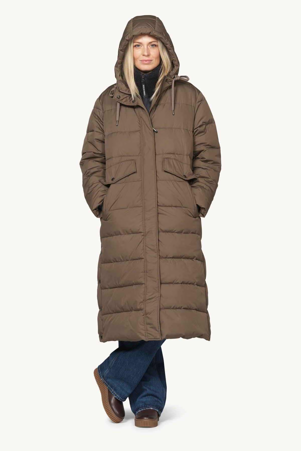 Long Warm Padded Coat with Hood - Mud