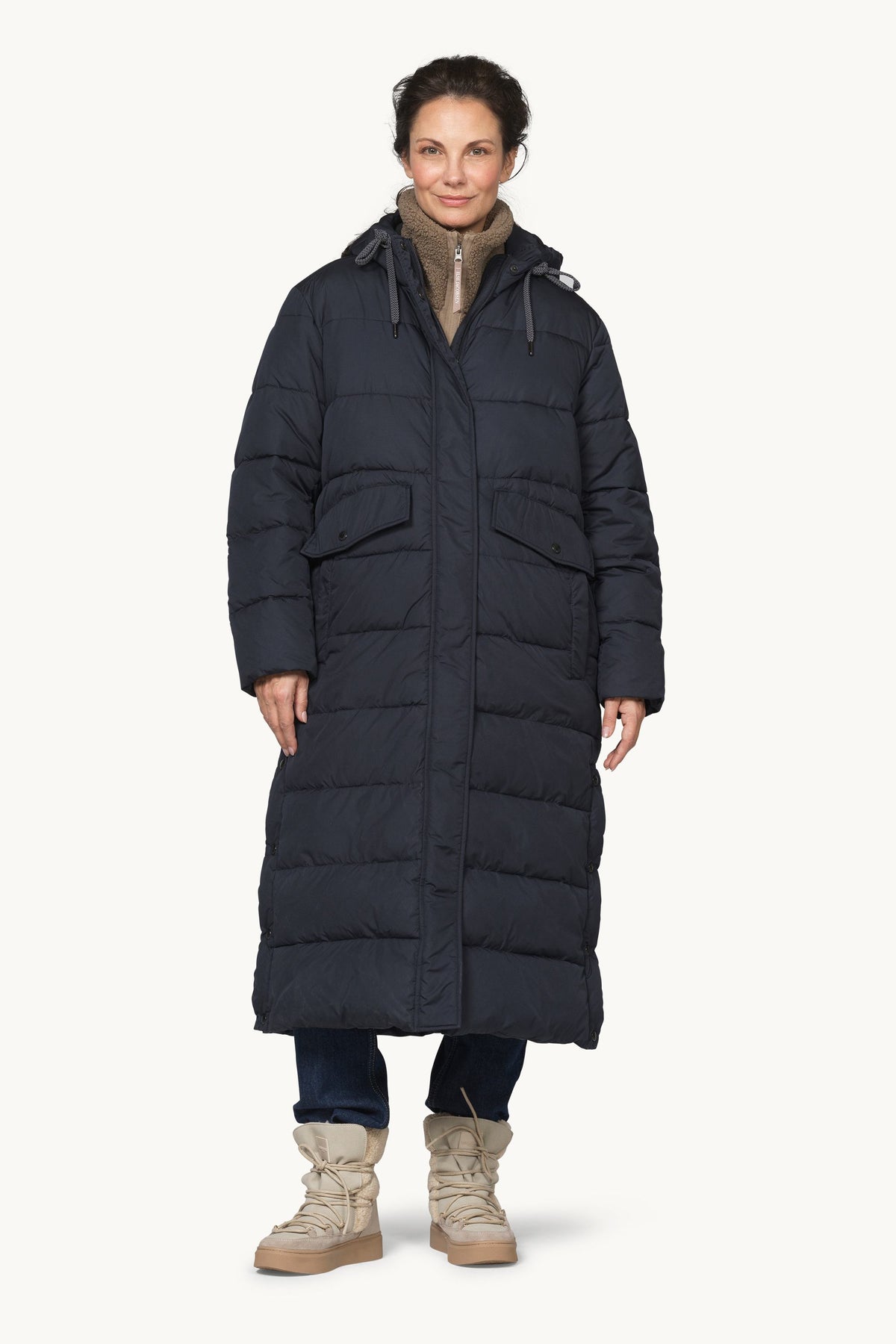 Long Warm Padded Coat with Hood - Dark Indigo