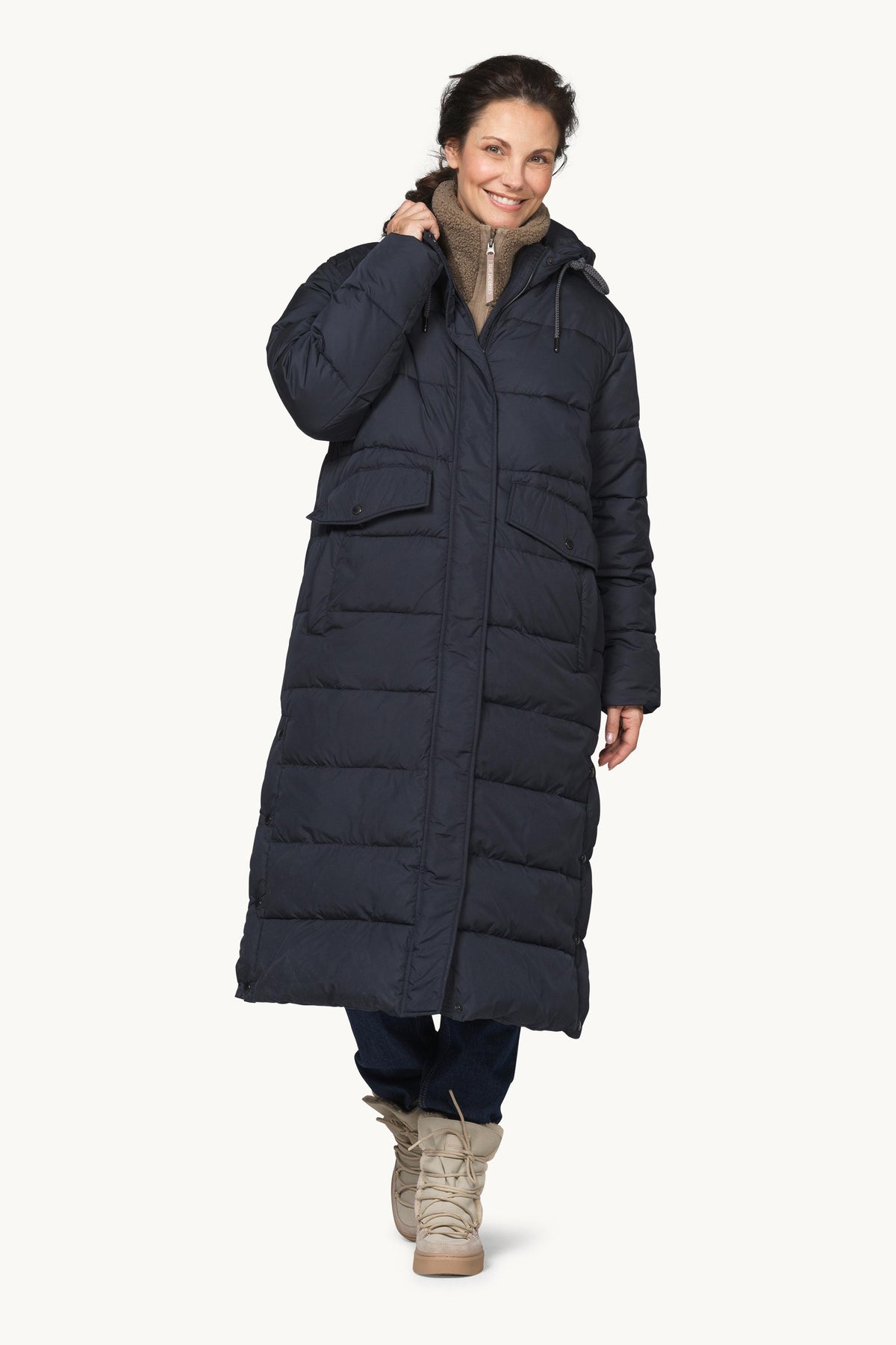 Long Warm Padded Coat with Hood - Dark Indigo