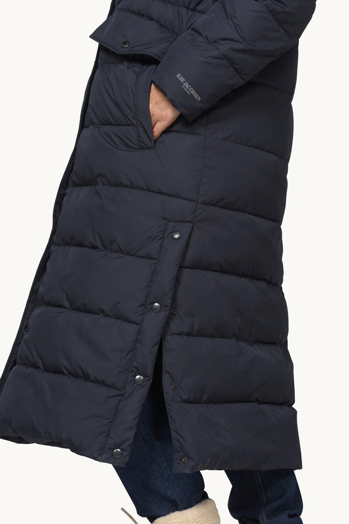 Long Warm Padded Coat with Hood - Dark Indigo