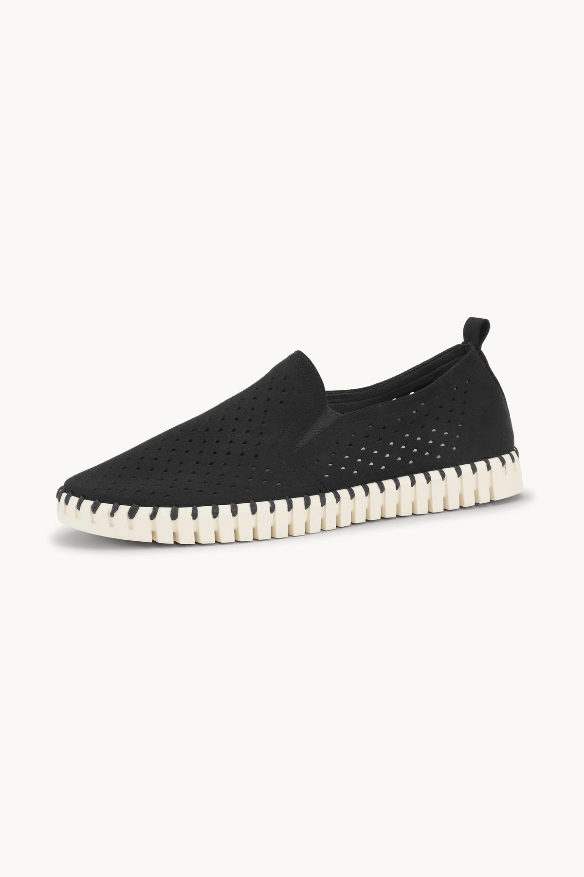 Men's Laser-cut Slip-on Shoes with Elastic Panels on Flat Sole - Black