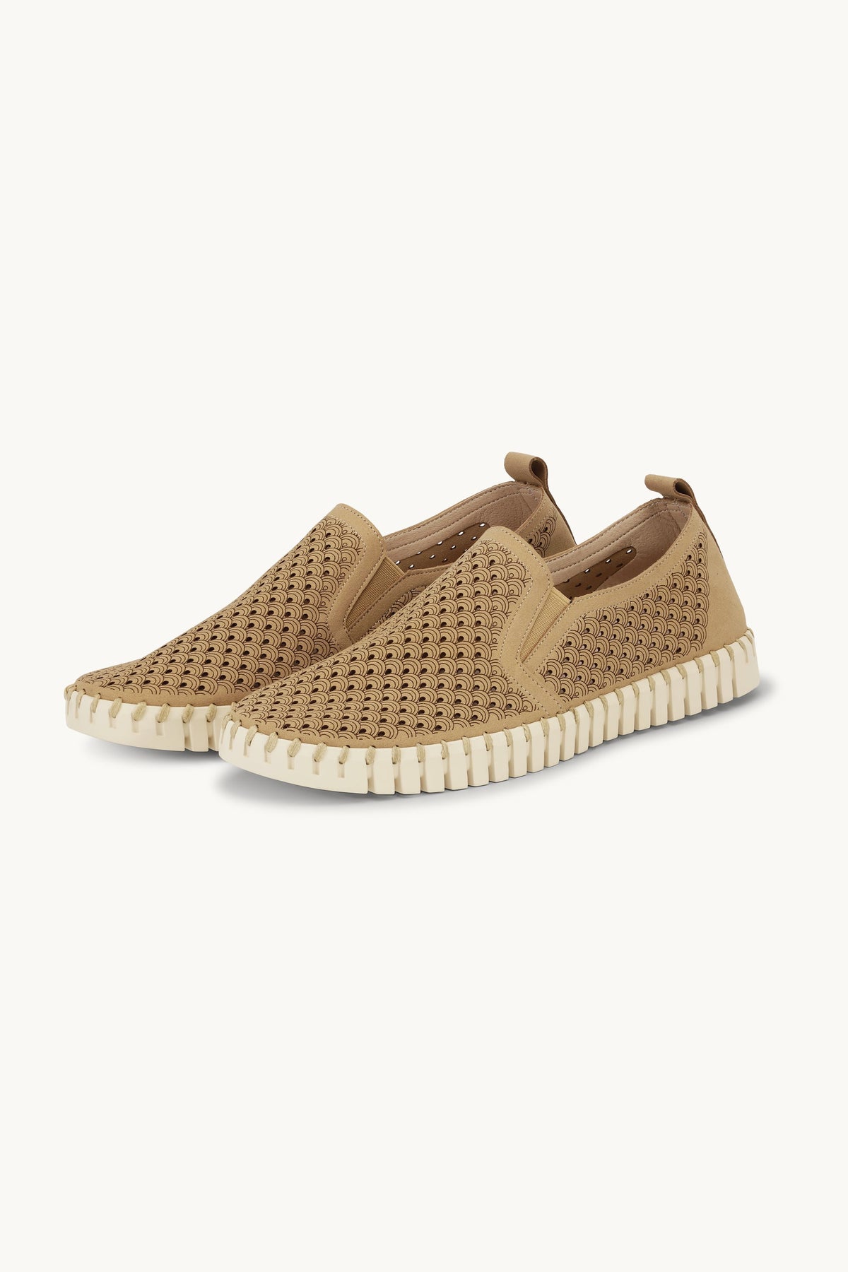 Men's Laser-cut Slip-on Shoes with Elastic Panels on Flat Sole - Latte