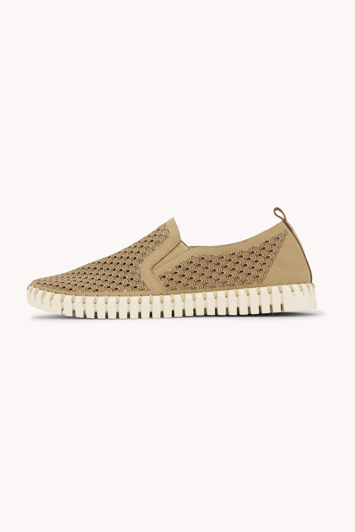 Men's Laser-cut Slip-on Shoes with Elastic Panels on Flat Sole - Latte