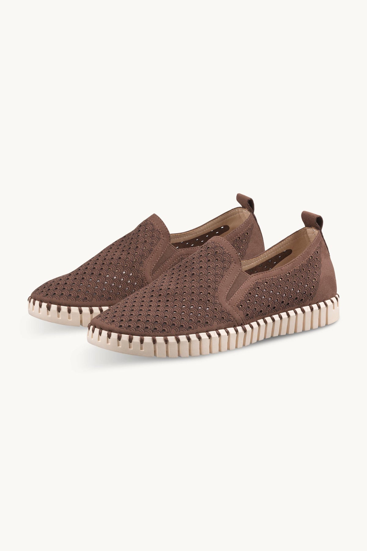 Men's Laser-cut Slip-on Shoes with Elastic Panels on Flat Sole - Brown Pearled Ivory