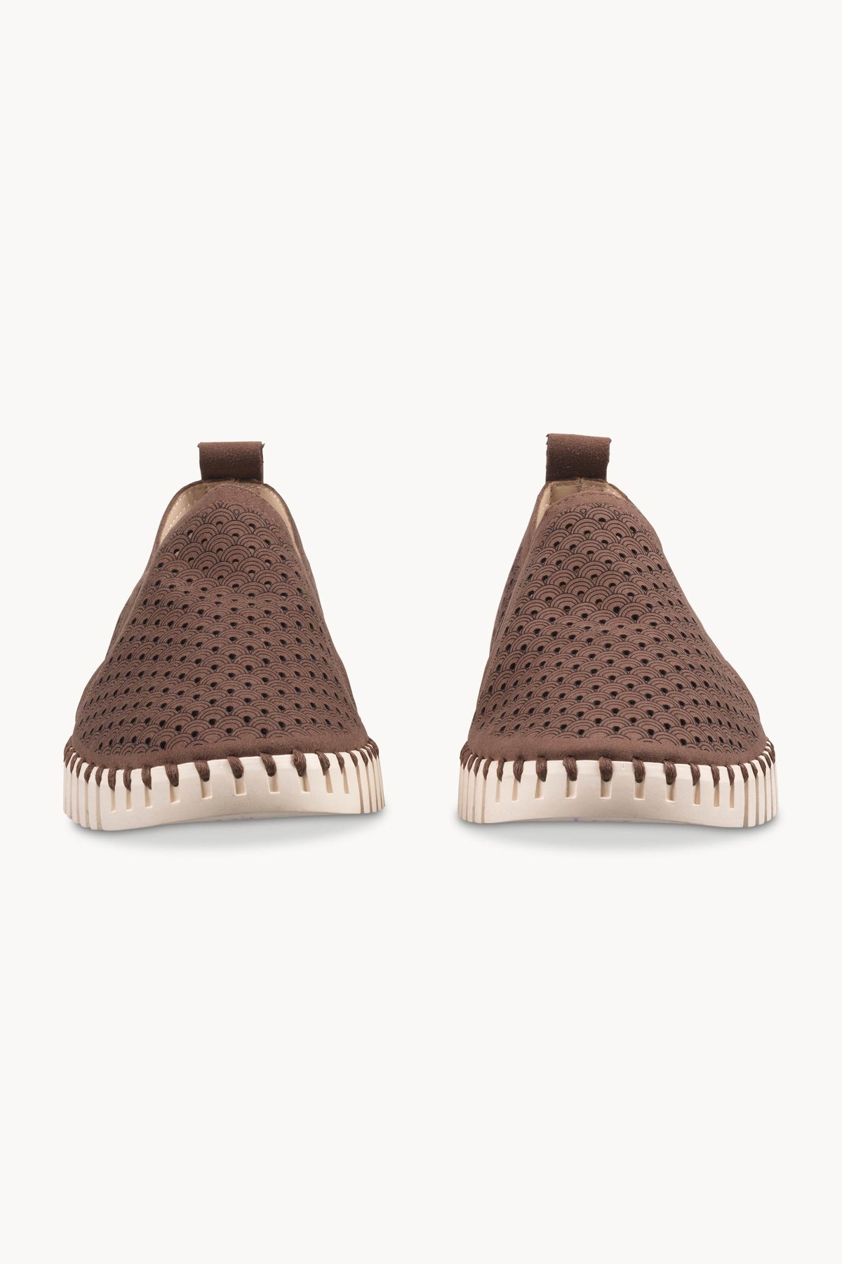 Men's Laser-cut Slip-on Shoes with Elastic Panels on Flat Sole - Brown Pearled Ivory