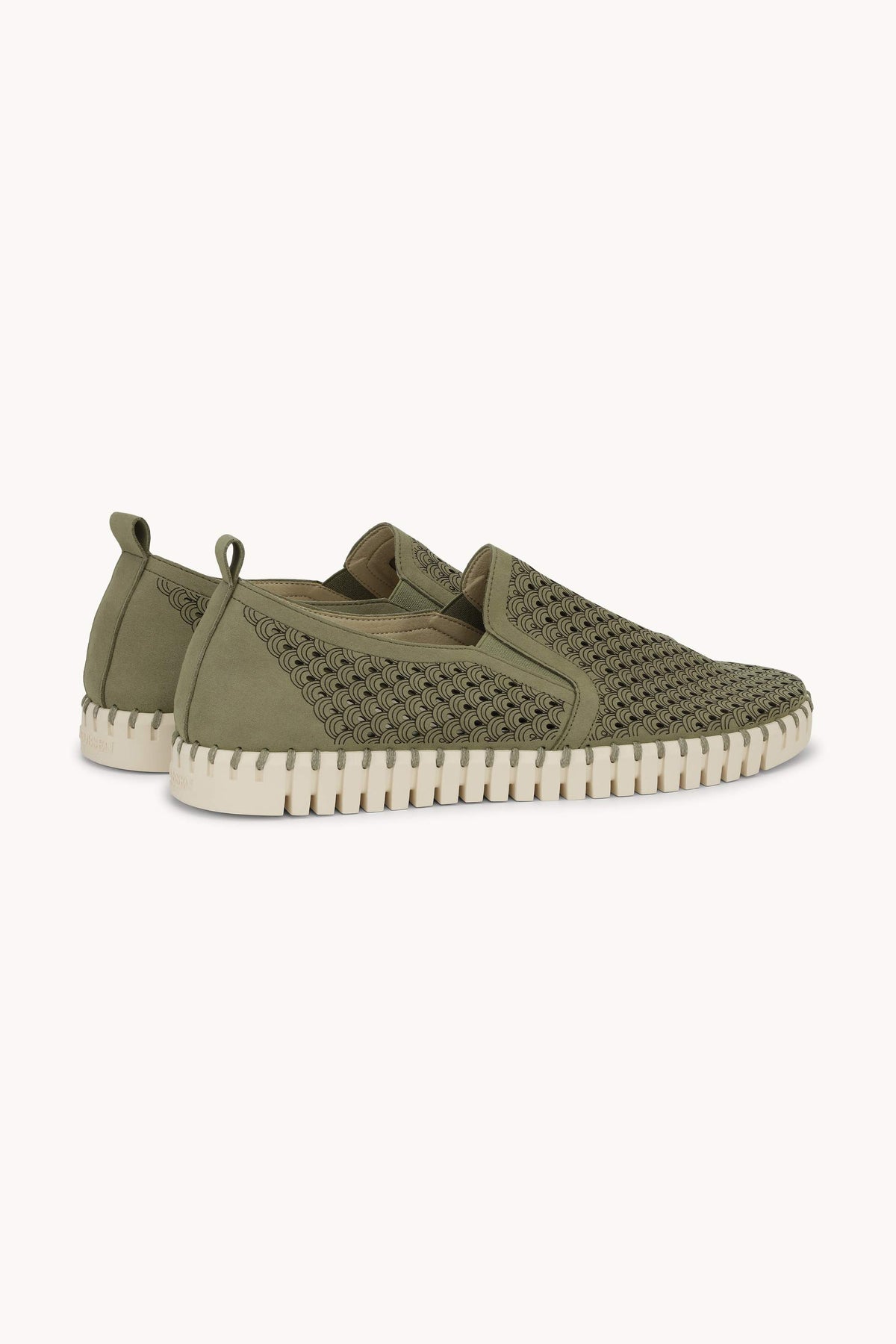 Men's Laser-cut Slip-on Shoes with Elastic Panels on Flat Sole - Army