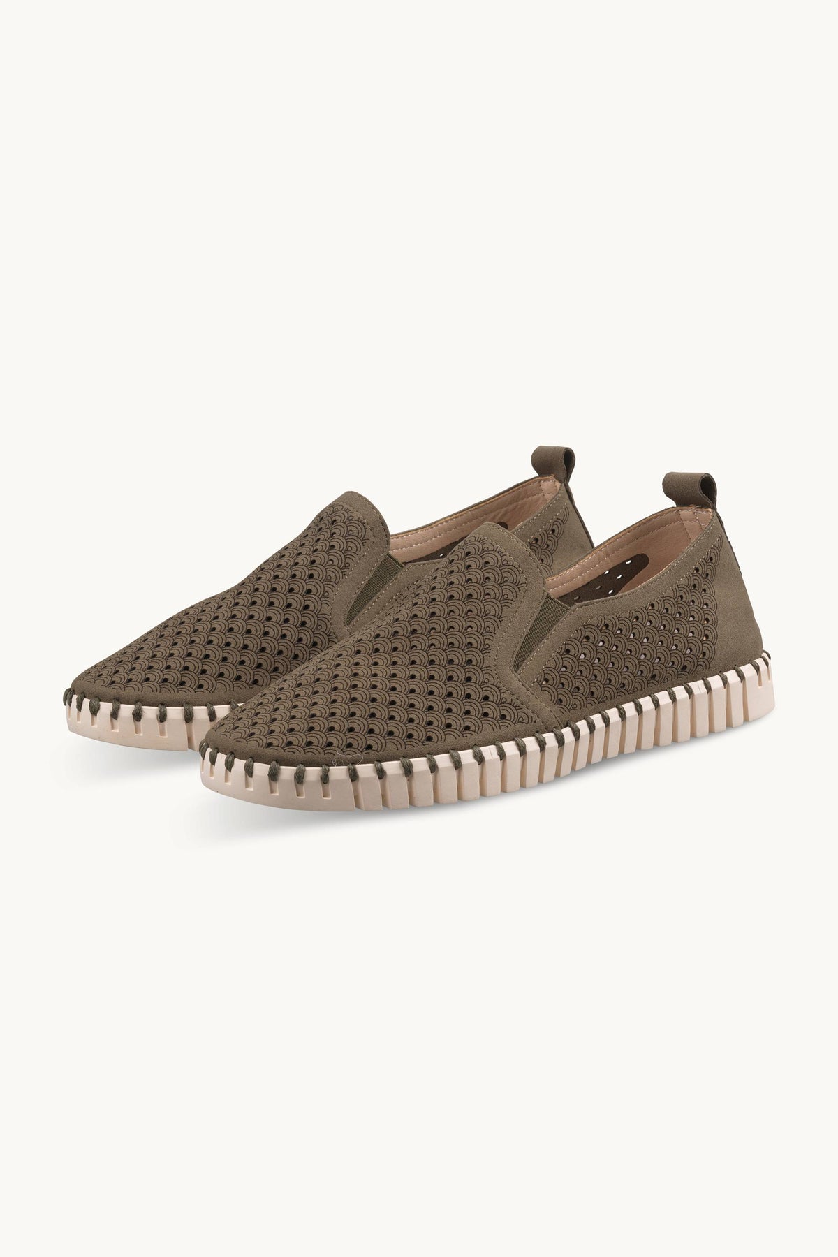 Men's Laser-cut Slip-on Shoes with Elastic Panels on Flat Sole - Deep Olive Pearled Ivory