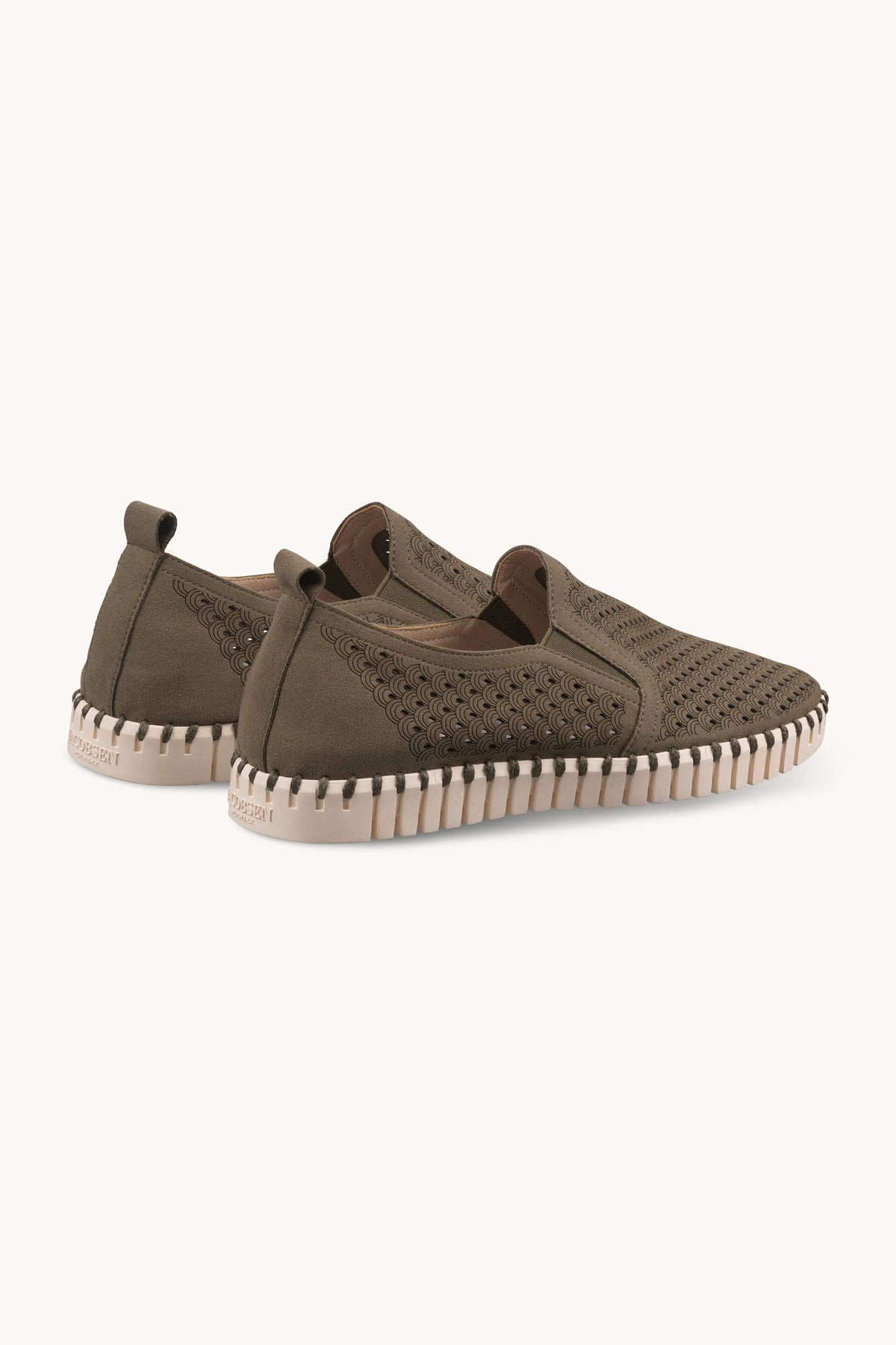 Men's Laser-cut Slip-on Shoes with Elastic Panels on Flat Sole - Deep Olive Pearled Ivory