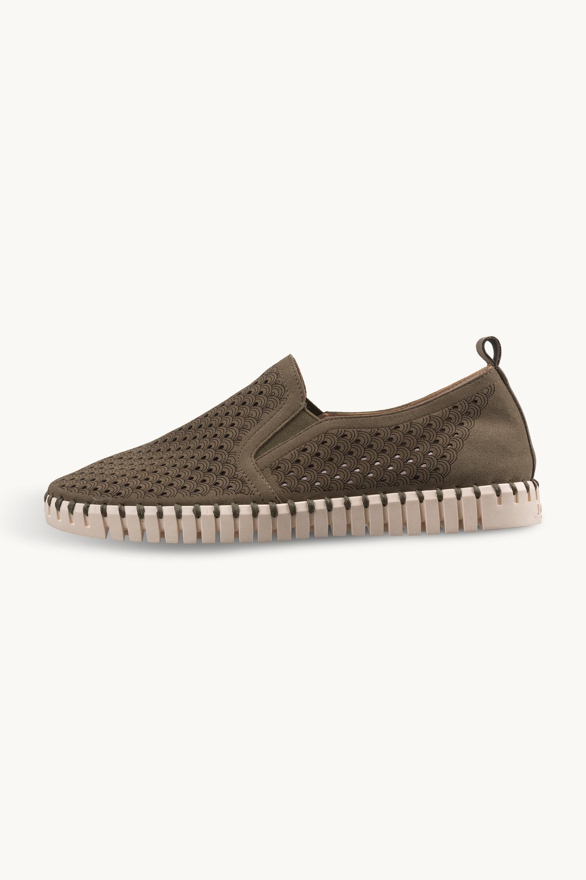 Men's Laser-cut Slip-on Shoes with Elastic Panels on Flat Sole - Deep Olive Pearled Ivory