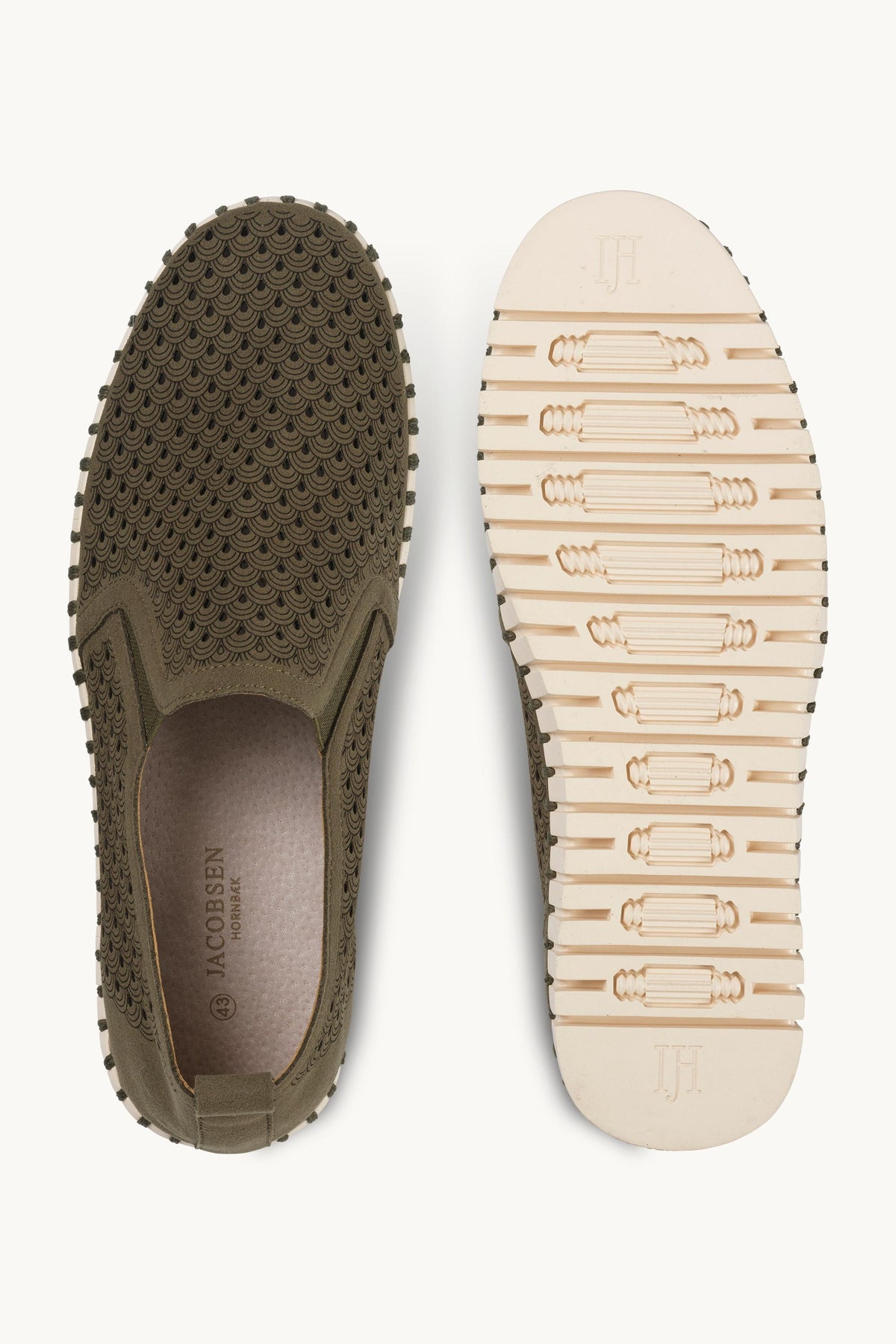 Men's Laser-cut Slip-on Shoes with Elastic Panels on Flat Sole - Deep Olive Pearled Ivory