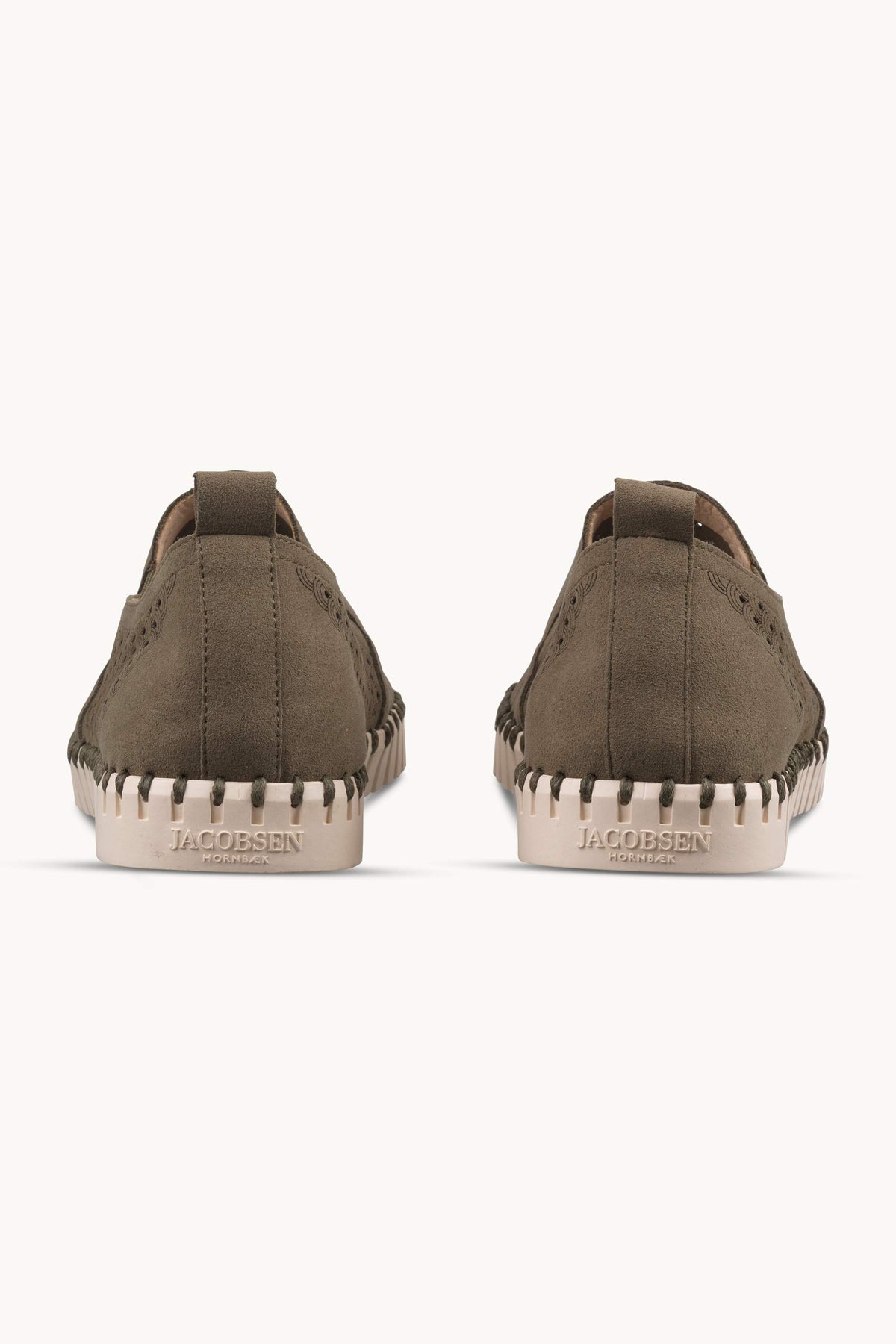 Men's Laser-cut Slip-on Shoes with Elastic Panels on Flat Sole - Deep Olive Pearled Ivory