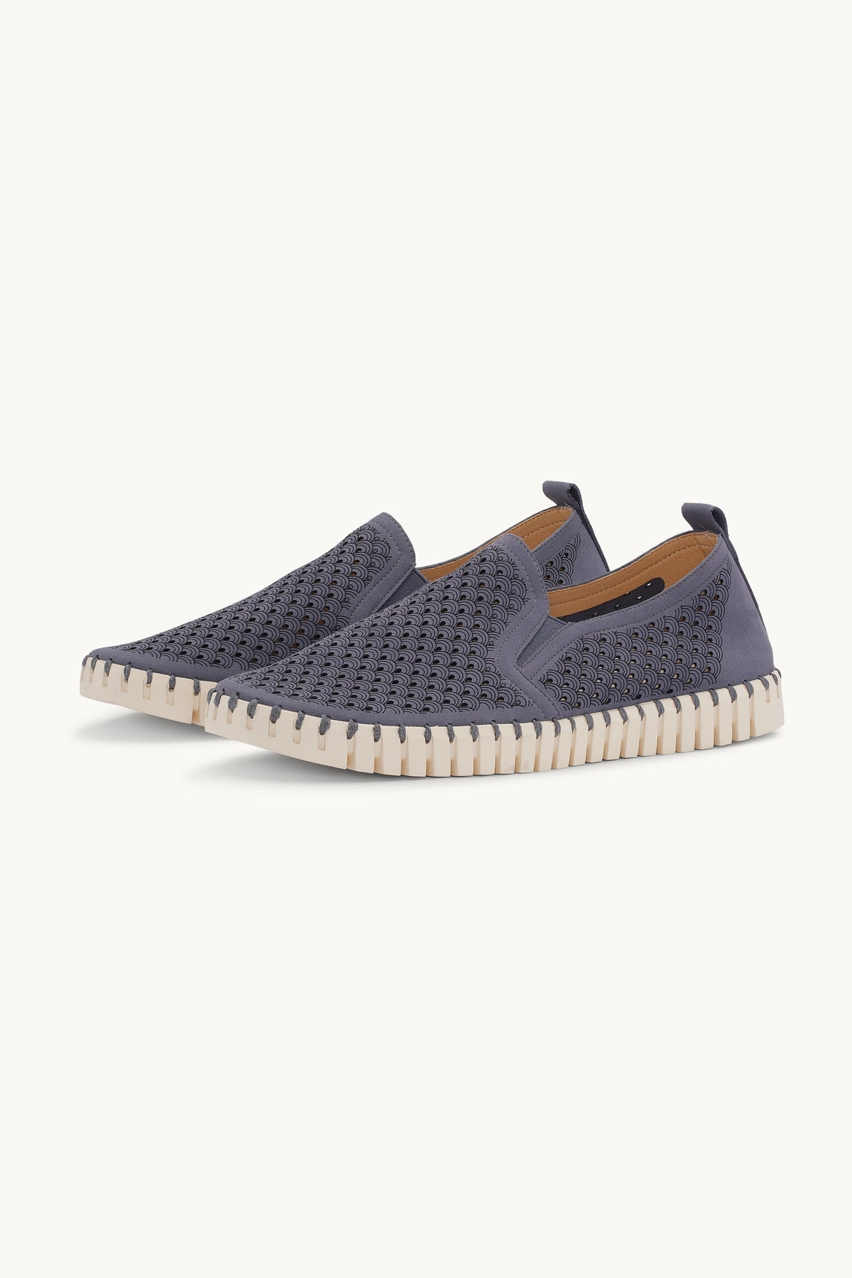 Men's Laser-cut Slip-on Shoes with Elastic Panels on Flat Sole - Grey Blue