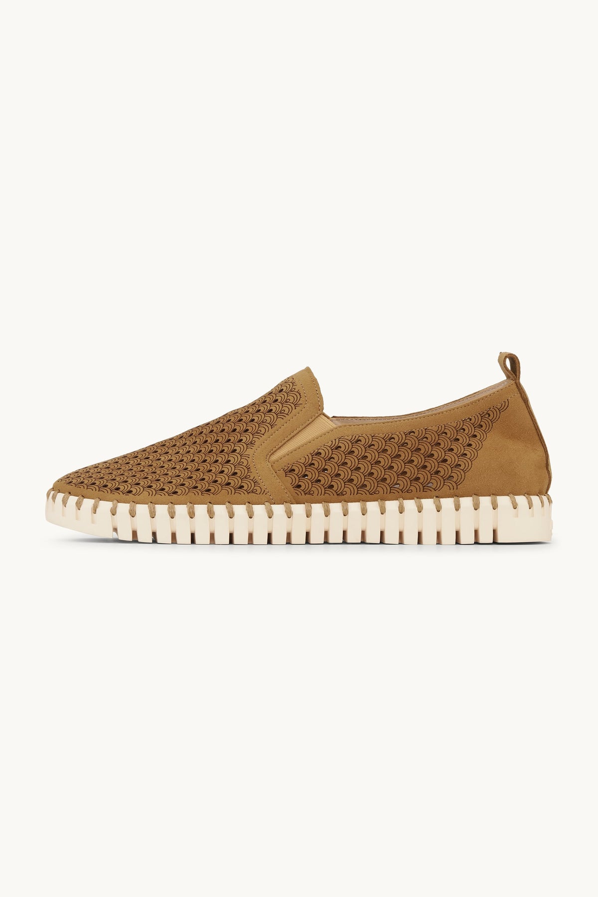 Men's Laser-cut Slip-on Shoes with Elastic Panels on Flat Sole - Goldy Pearled Ivory