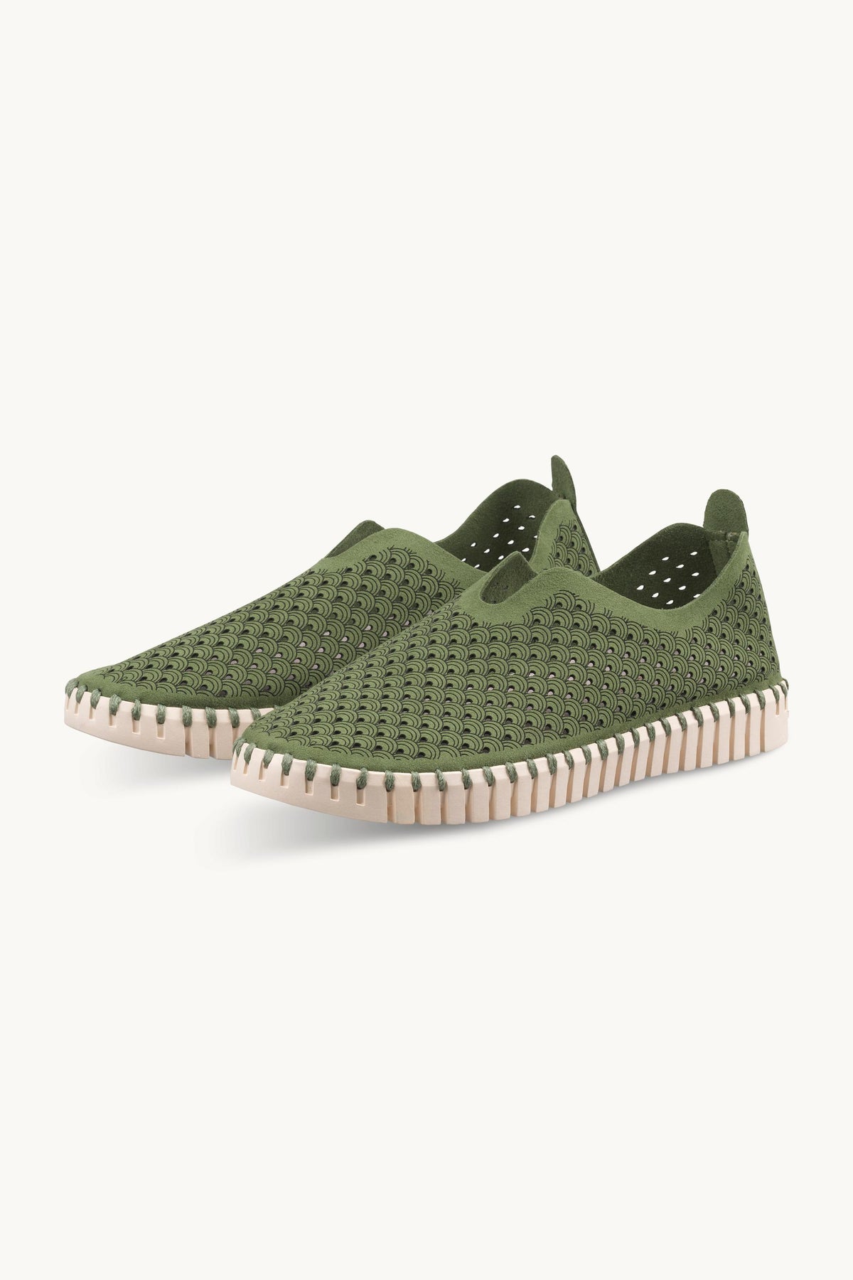 Laser-cut Slip-on Shoes on Flat Sole - Artichoke Green Pearled Ivory