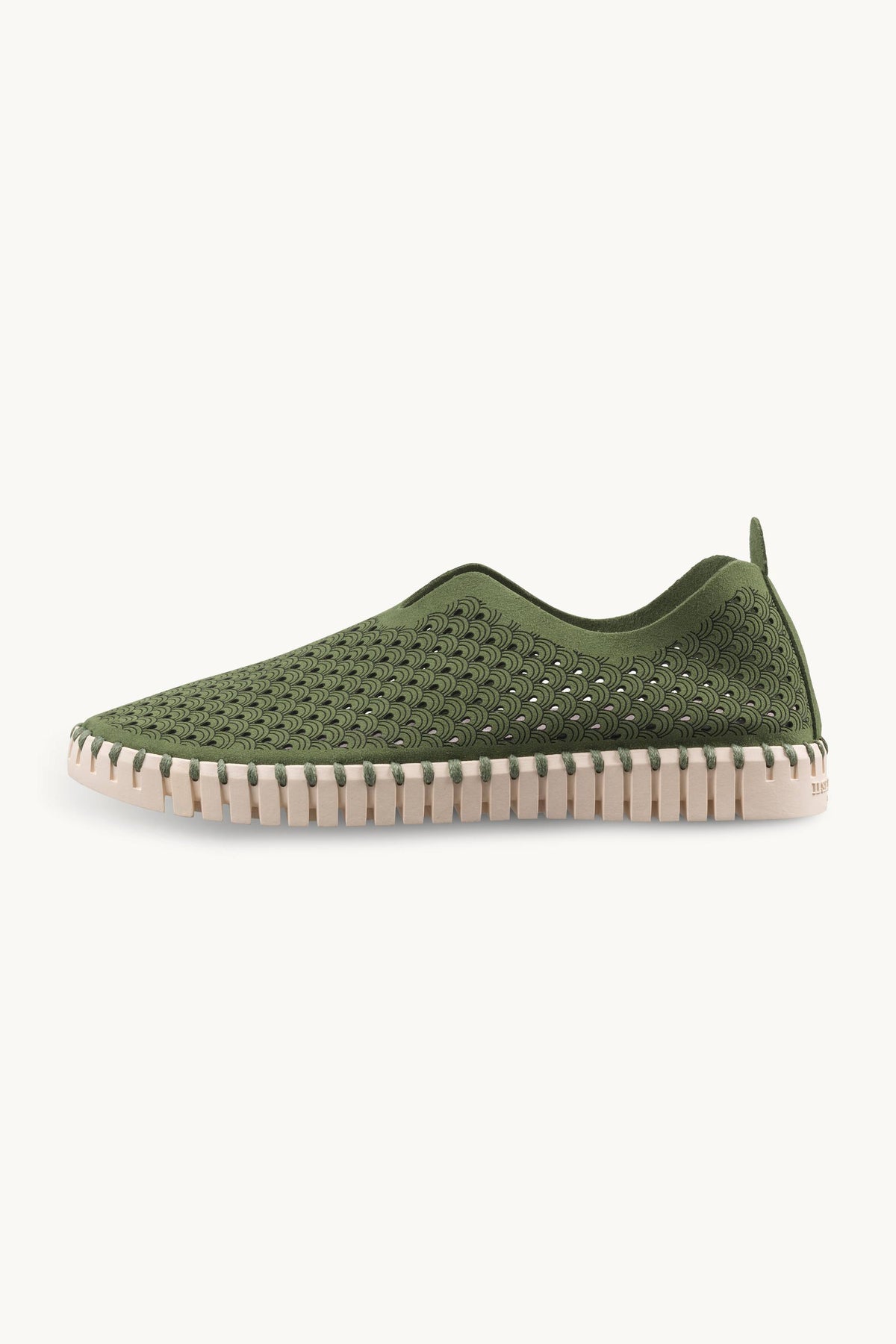 Laser-cut Slip-on Shoes on Flat Sole - Artichoke Green Pearled Ivory
